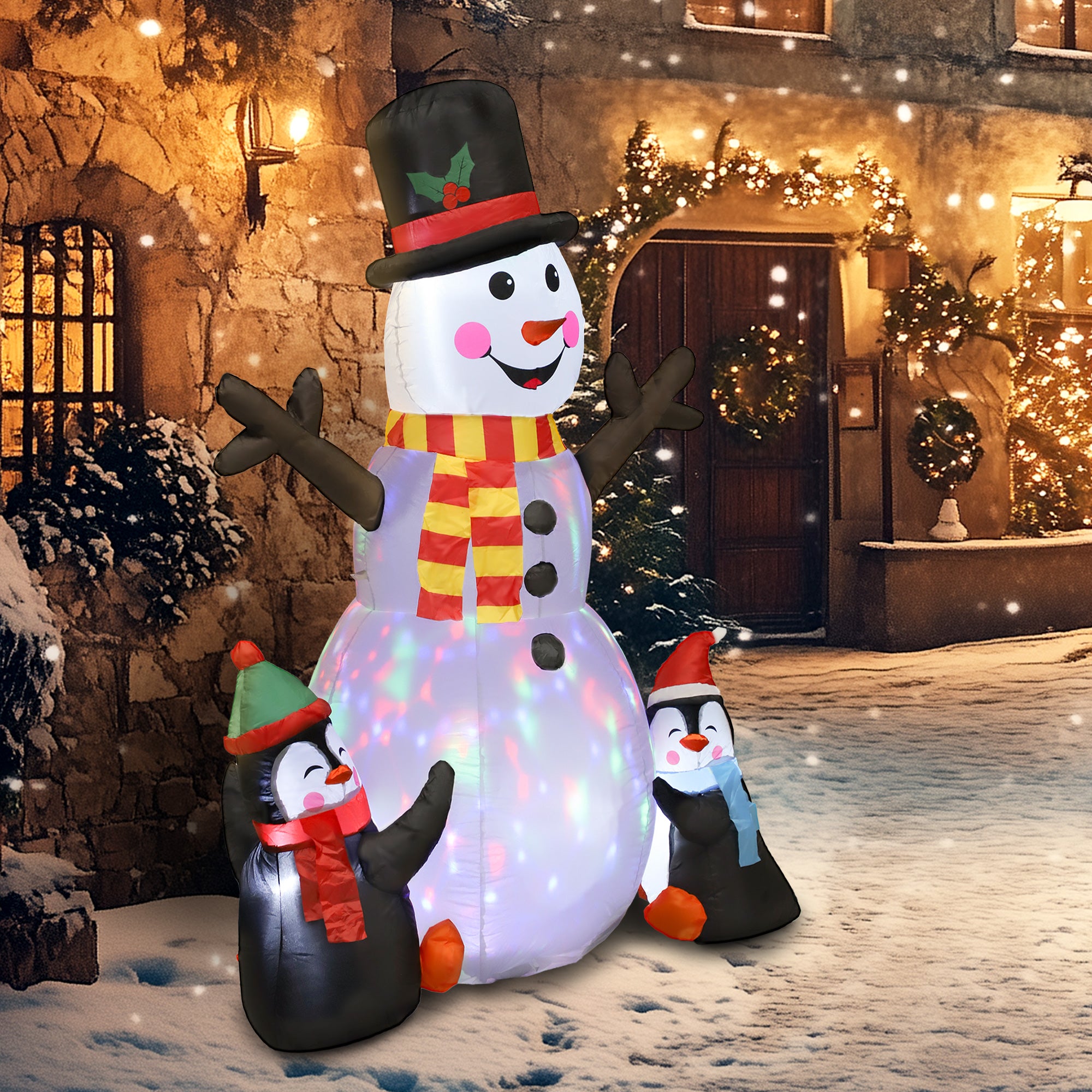 6FT Christmas Inflatables Snowman & Penguins with Built-in LED Lights and Flashing Projector Light, Blow Up Christmas Inflatable Decoration for Indoor Outdoor Decor, Garden