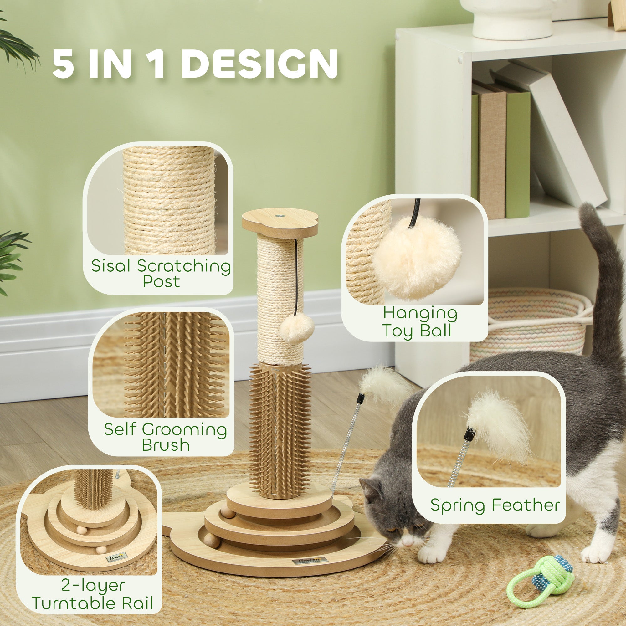 49cm 5 in 1 Cat Scratching Post with Sisal Post, Track Ball, Self Grooming Brush, Hanging Toy Ball, Feather, Oak Tone