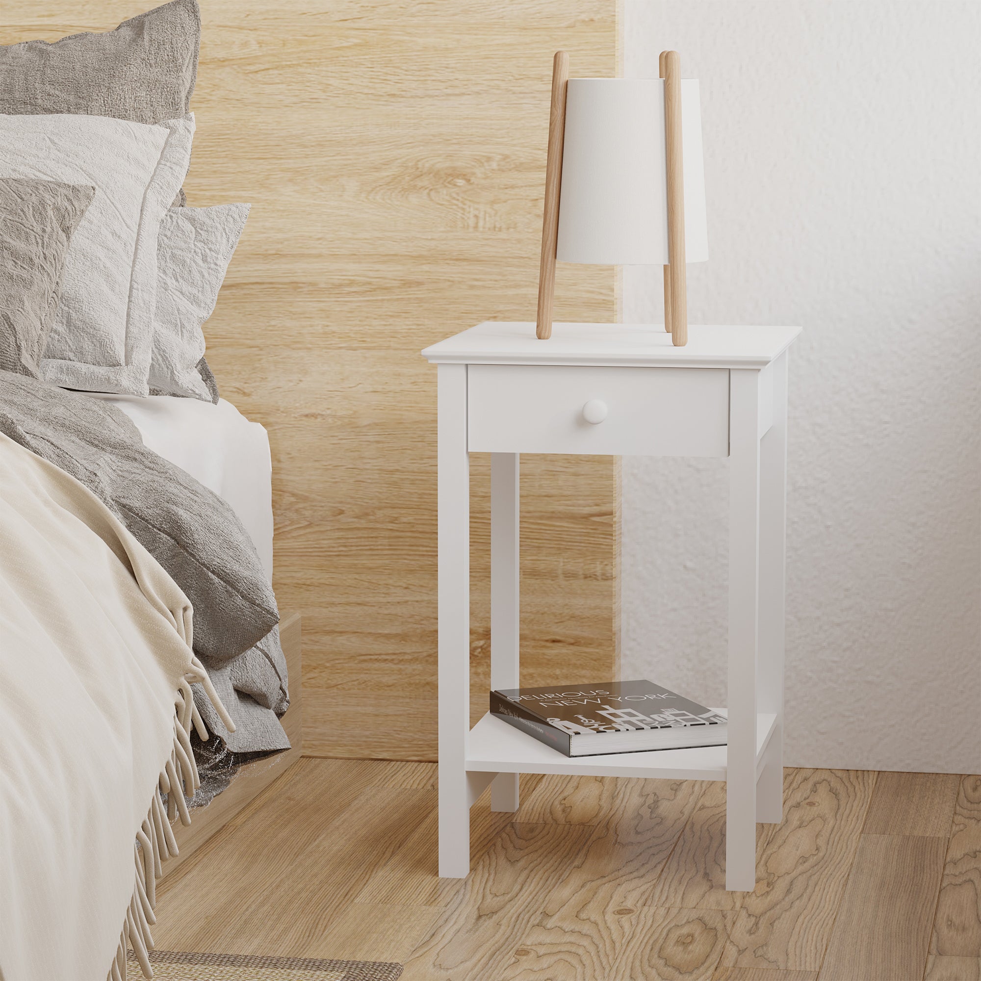 White Bedside Table, Wooden Side Table, Nightstand, Bedside Cabinet with Drawer and Storage Shelf for Bedroom and Living Room, Set of 2