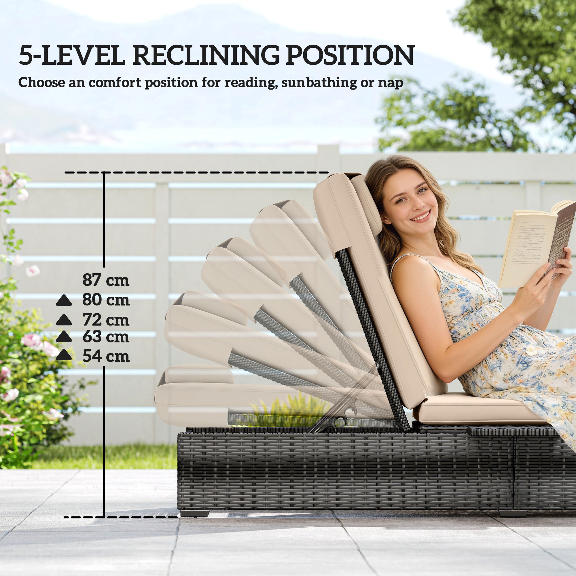 Rattan Sun Lounger with 5-Level Reclining Back Side Tray and Cushion, Black