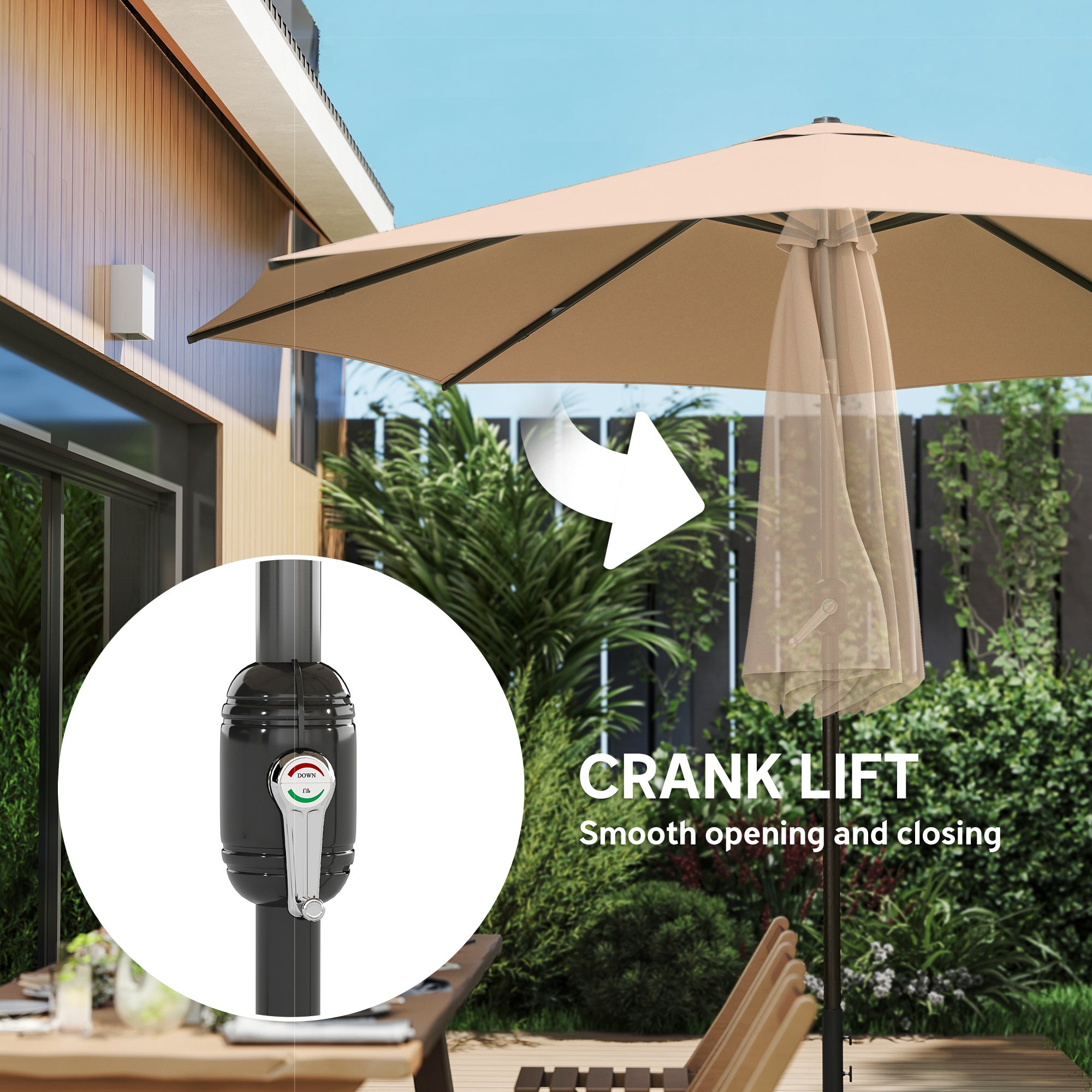 2.7 m Garden Parasol Umbrella with Cross Base and Sandbag, Retractable Ribs, Outdoor Table Market Umbrella, Khaki
