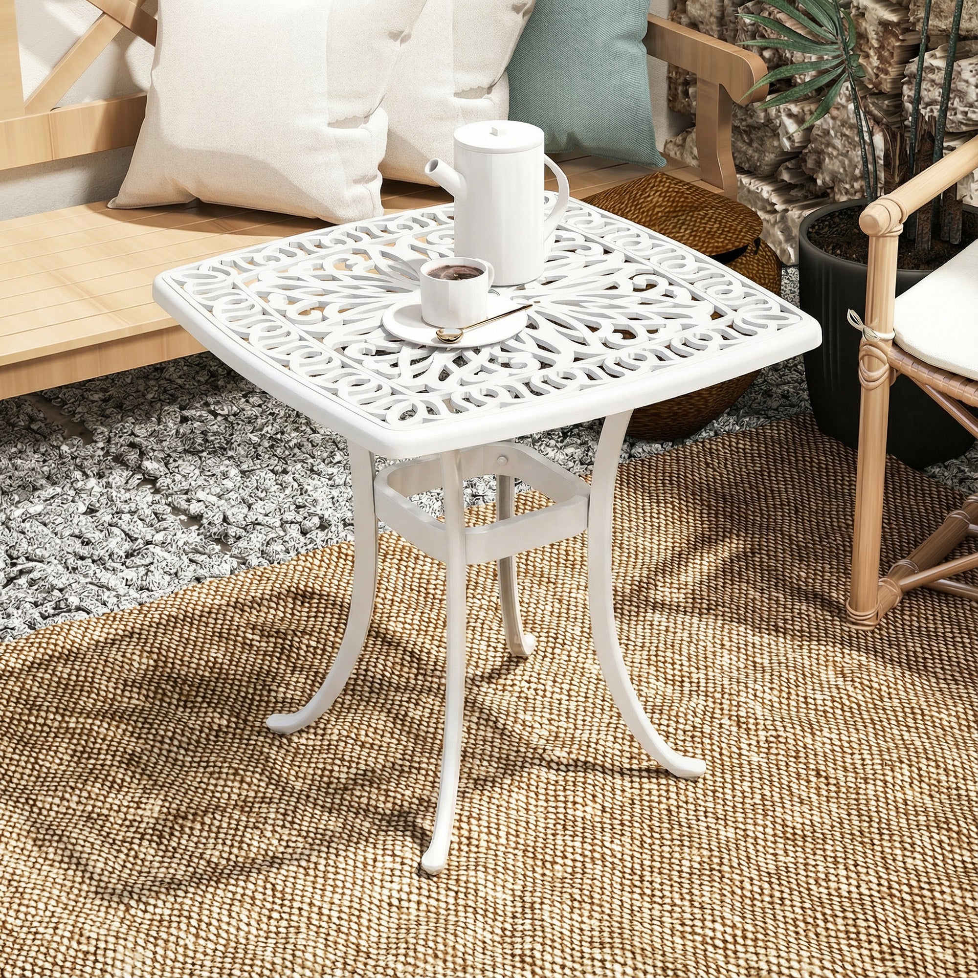 Outdoor Garden Table with 38mm Dia. Umbrella Hole, Cast Aluminium Patio End Table with Anti-slip Foot Pads for Garden