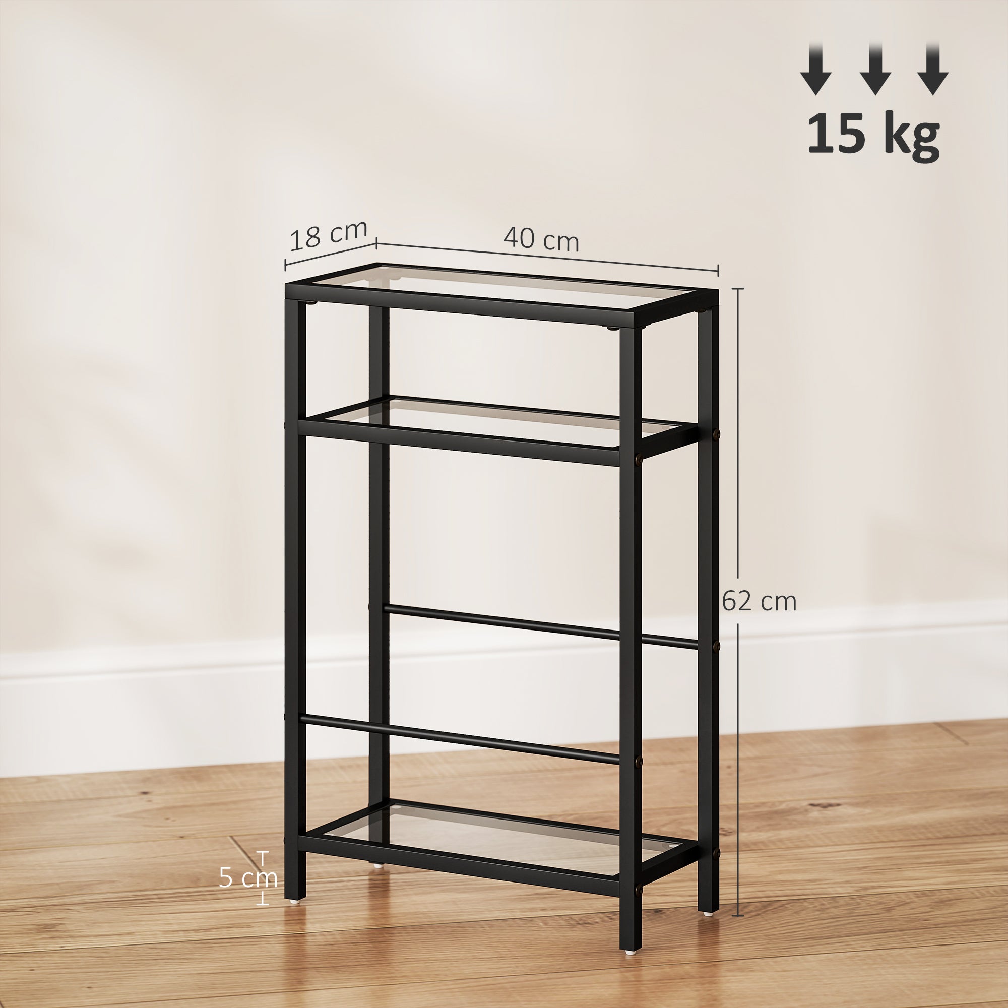 3-Tier Side Table, Narrow End Table with Storage Shelf and Tempered Glass Tabletop for Small Spaces, Black
