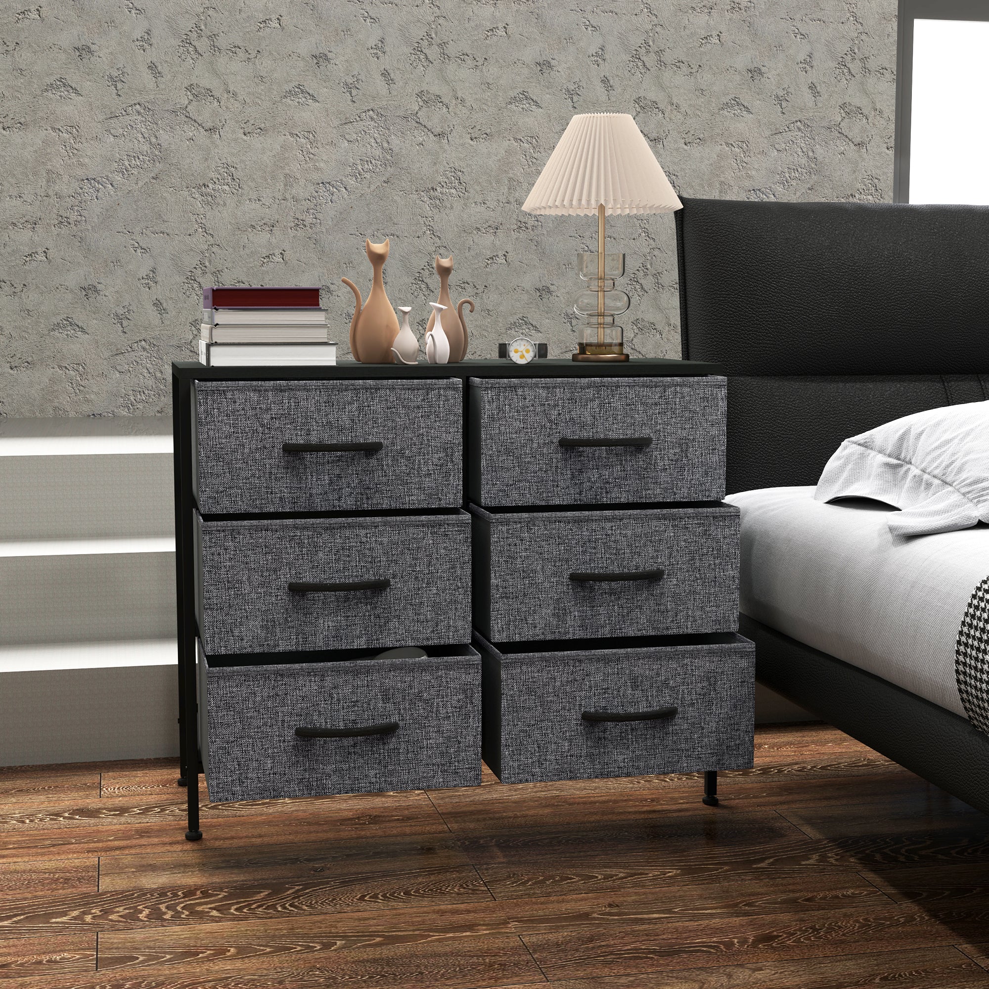 Industrial Fabric Chest of Drawers with 6 Storage Drawers, Steel Frame & Wooden Top - Black