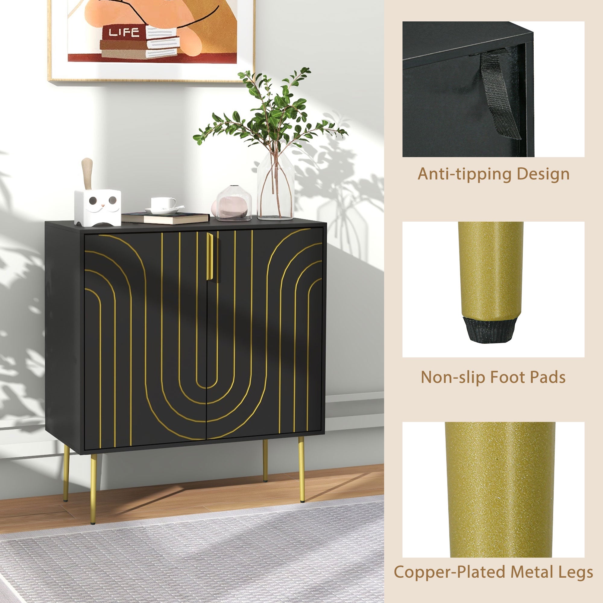 Art Deco Inspired Sideboard, with Adjustable Shelf - Black/Gold Tone