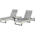 3-Piece PE Rattan Adjustable 5-Position Sun Lounger Set with Cushions & Glass Top Coffee Table - Light Grey