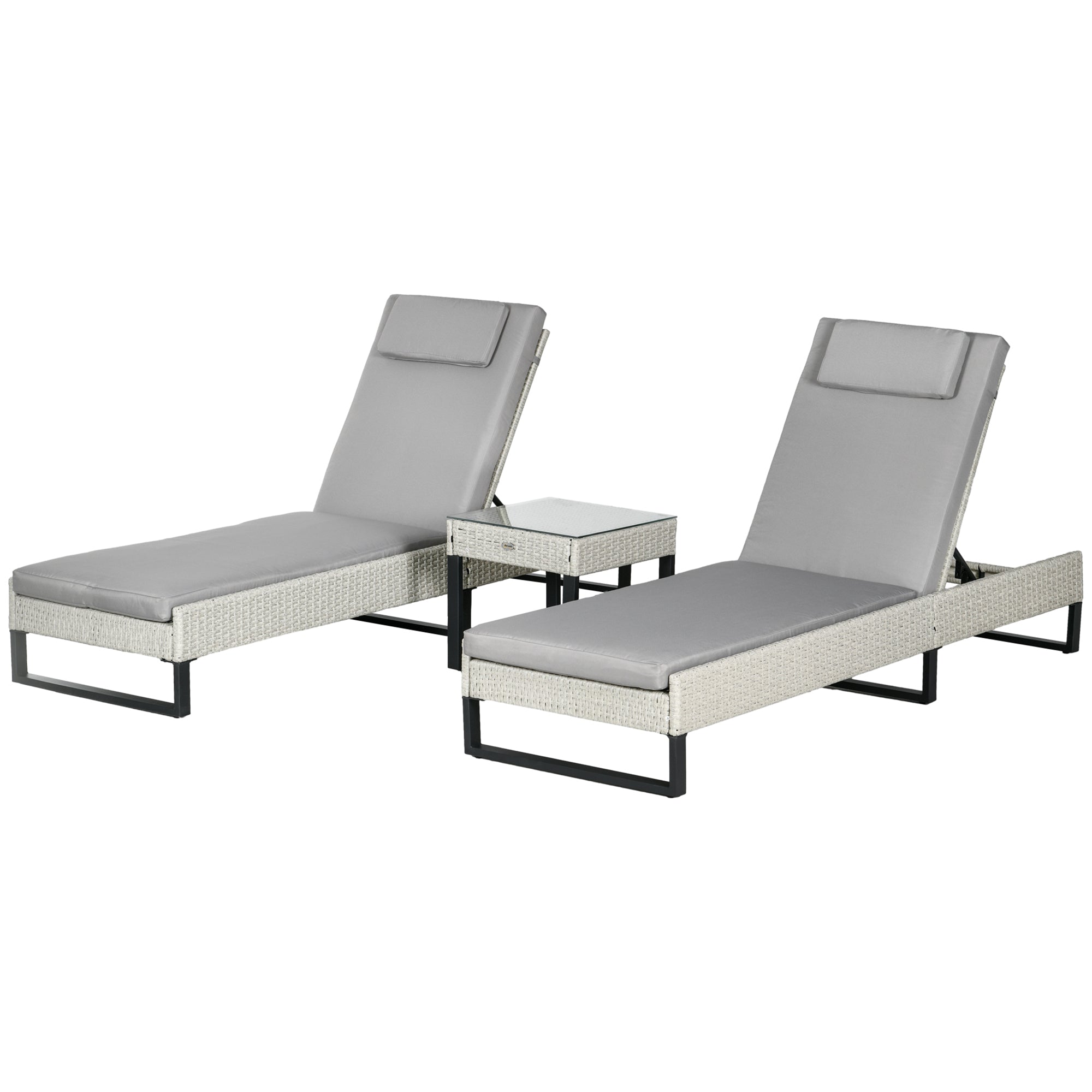 3-piece PE Rattan Sun Lounger Set with Adjustable 5-Position Recliner, Patio Chaise Lounge Chair Set with Cushions, Headrests, Glass Top Square Coffee Table, Light Grey