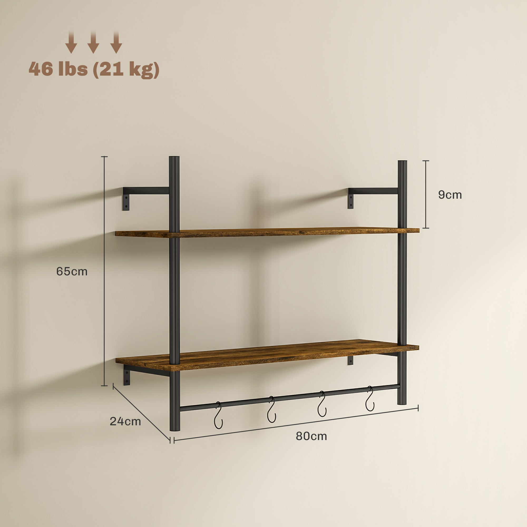 Wall Mounted Floating Shelf Unit with 4 Hooks, Rustic Brown