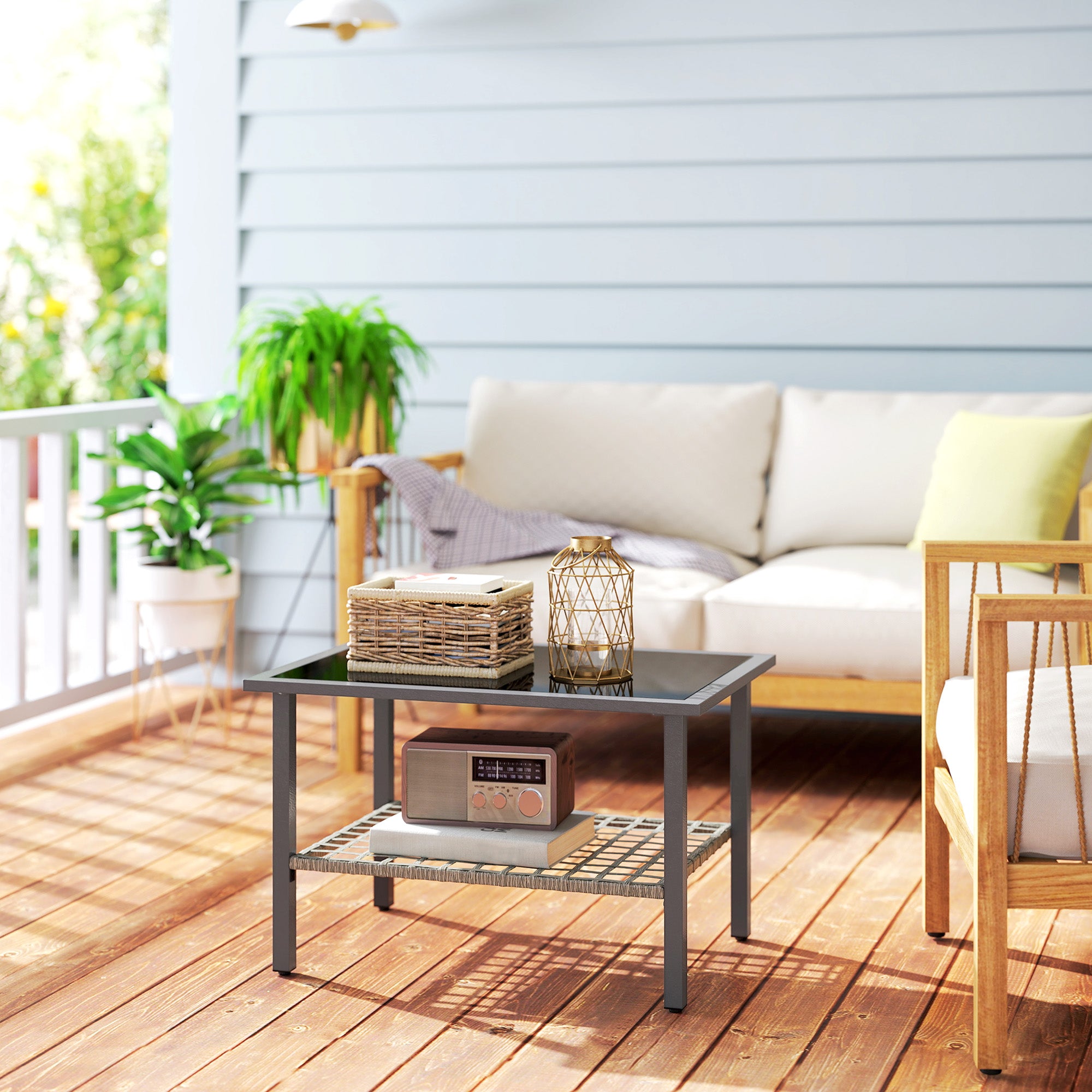 Outdoor Rattan Coffee Table with Tempered Glass Top and Storage Shelf - Mixed Grey