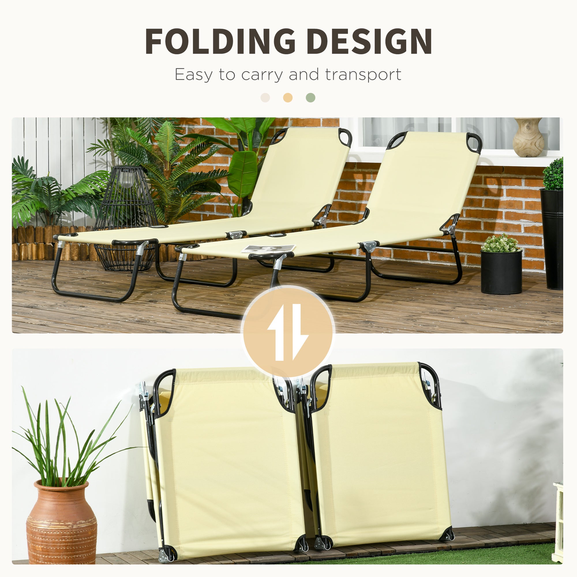 Set of Two Metal Frame Folding Sun Loungers - Beige