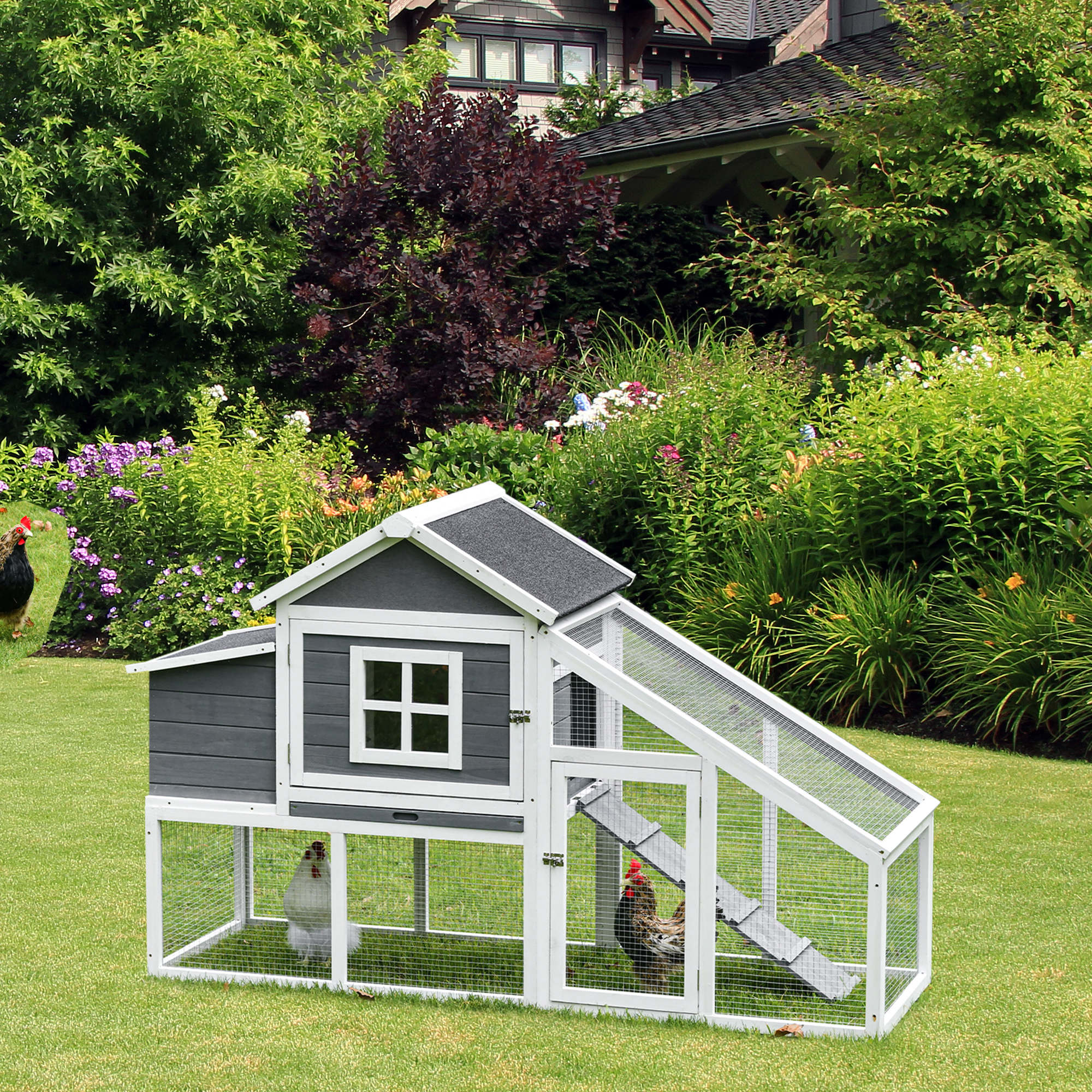 Chicken Coop, Rabbit Hutch, Hen House, Wooden Poultry Habitat with Outdoor Run, Nesting Box, Slide Out Tray, Lockable Doors, Ramp, Window, 176 x 66 x 110cm, White