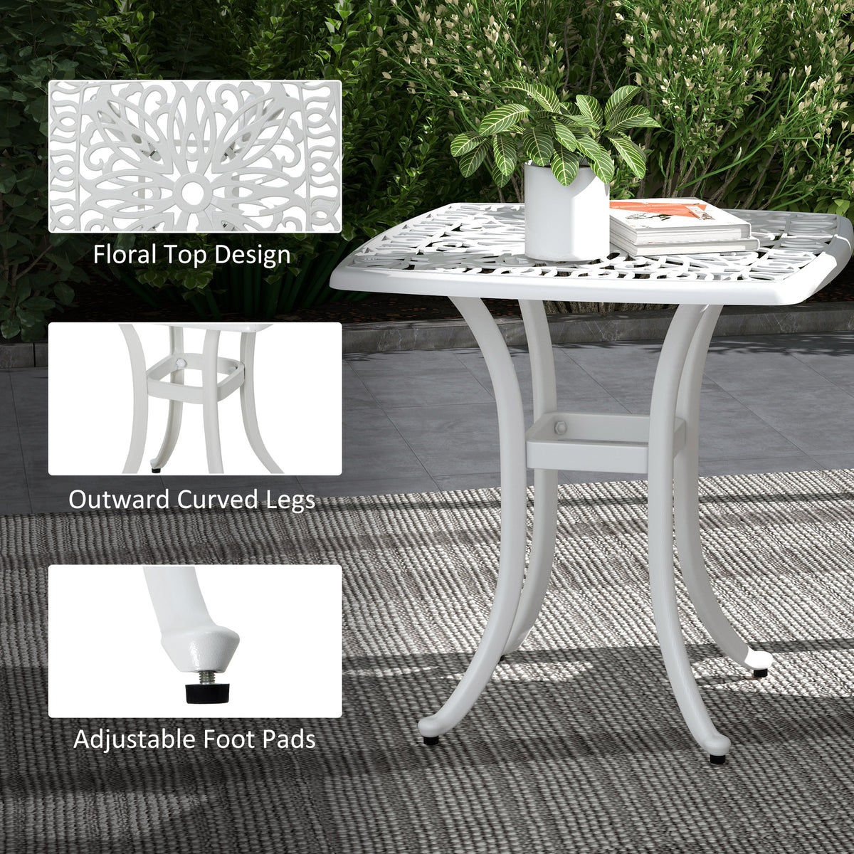 Cast Aluminium Square Bistro Table with Umbrella Hole for Balcony - White