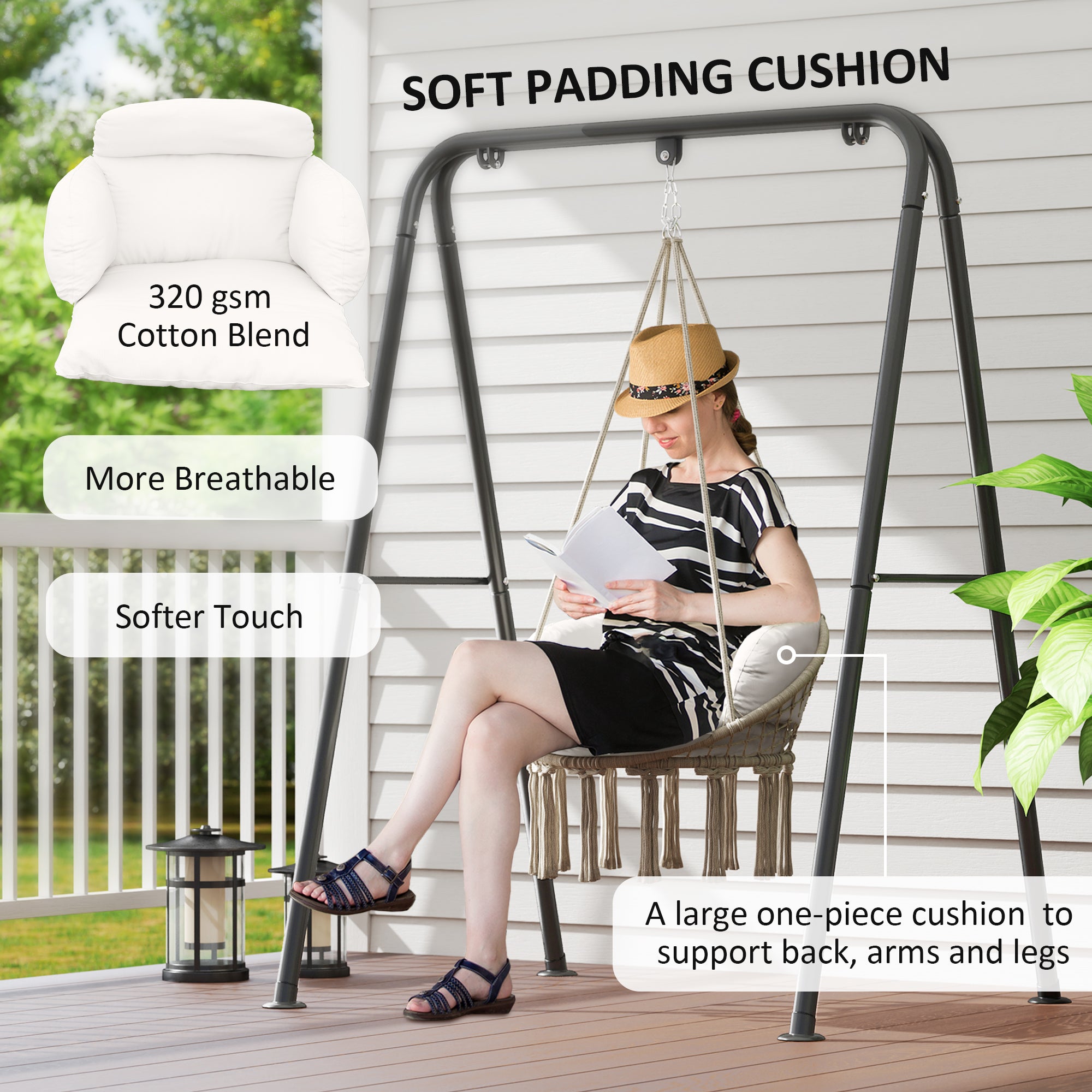 Hanging Hammock Chair with Soft Cushion and Cotton Rope - Cream White