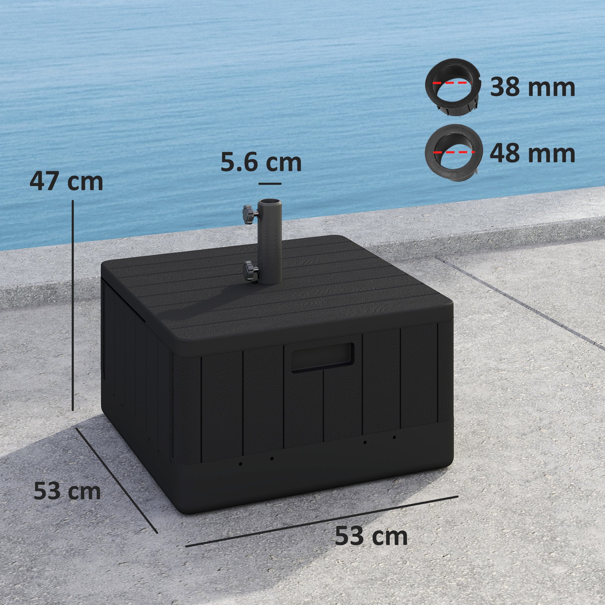Garden Parasol Base Outdoor Umbrella Stand with Wheels Handles, Garden Umbrella Base, Filled Up to 80kg with Stand or 50kg with Water for 38, 48 mm Poles, Black
