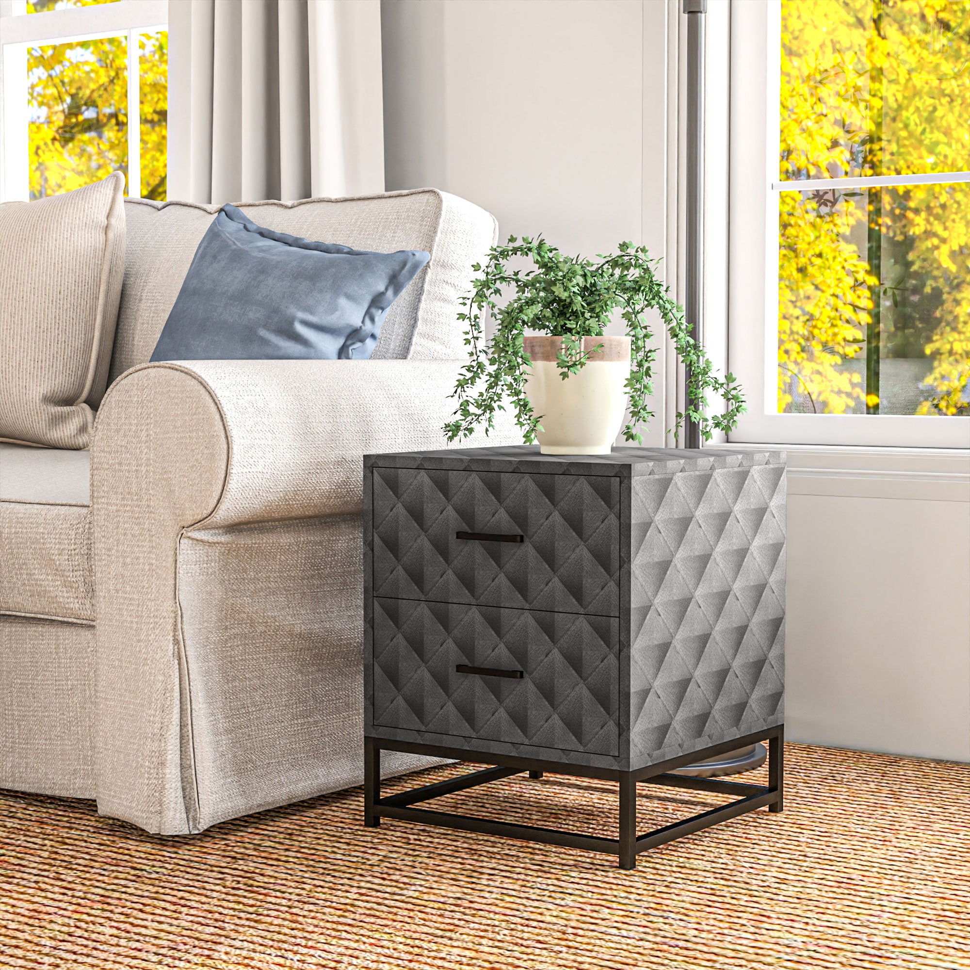 Bedside Tables Set of 2, Modern Bedside Table Nightstand with 2 Drawers, Bedside Cabinet Sofa Side Table with Storage, Steel Legs for Bedroom, Living Room, Grey