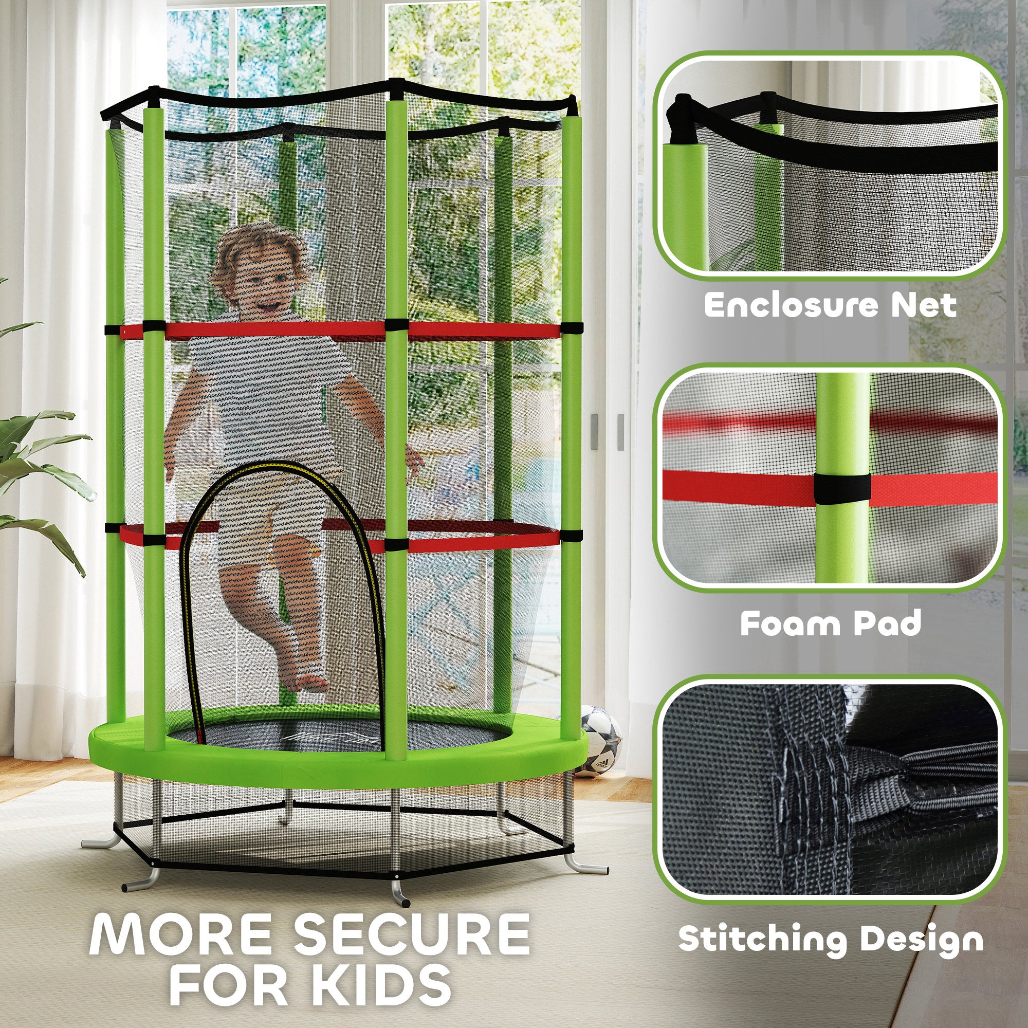 Kids Trampoline, with Enclosure Net, Steel Frame, for Ages 3-6 Years - Green