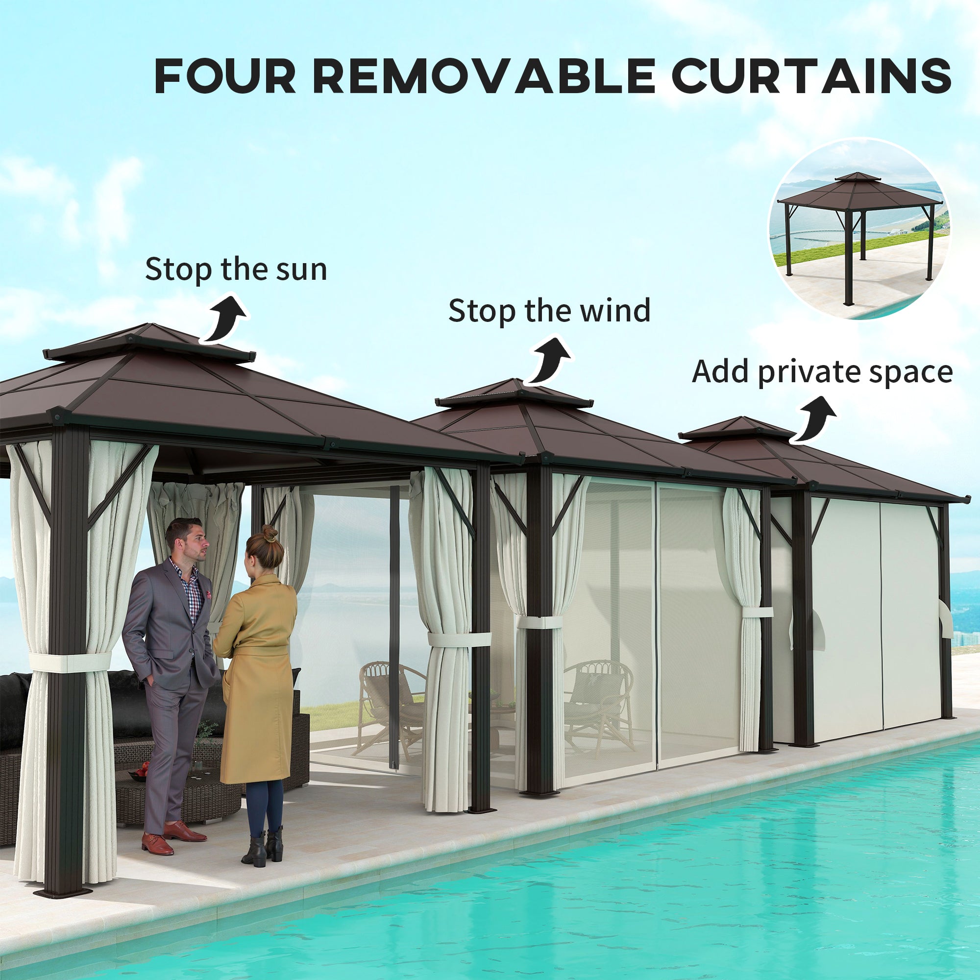 3 x 3(m) Hardtop Gazebo Canopy with UPF30+ Double Polycarbonate Roof, Aluminium Frame Garden Gazebo Permanent Pavilion with Mosquito Netting and Curtains for Patio, Deck, Beige