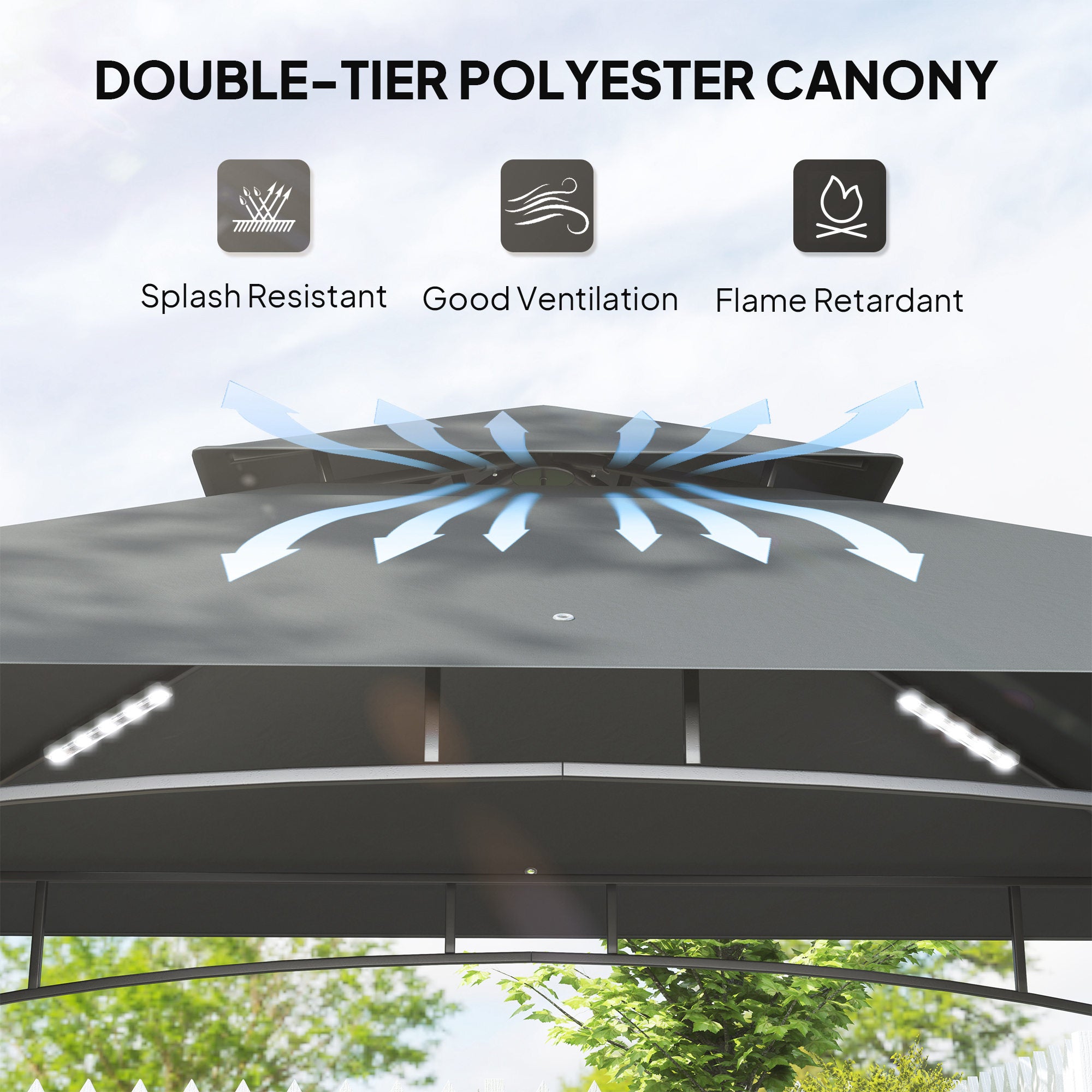 8 Foot Double Tiered BBQ Grill Gazebo with LED Lights Dark Grey