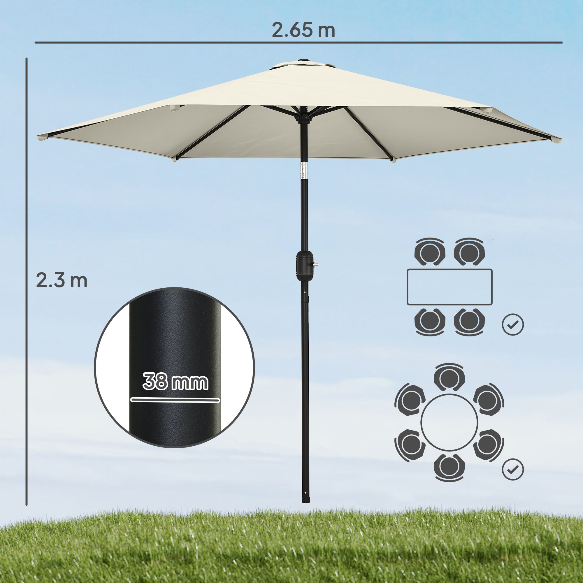 2.6 m Garden Parasol Umbrella with Aluminium Pole, Outdoor Patio Umbrella with Tilt and Crank, Vent, Cream White