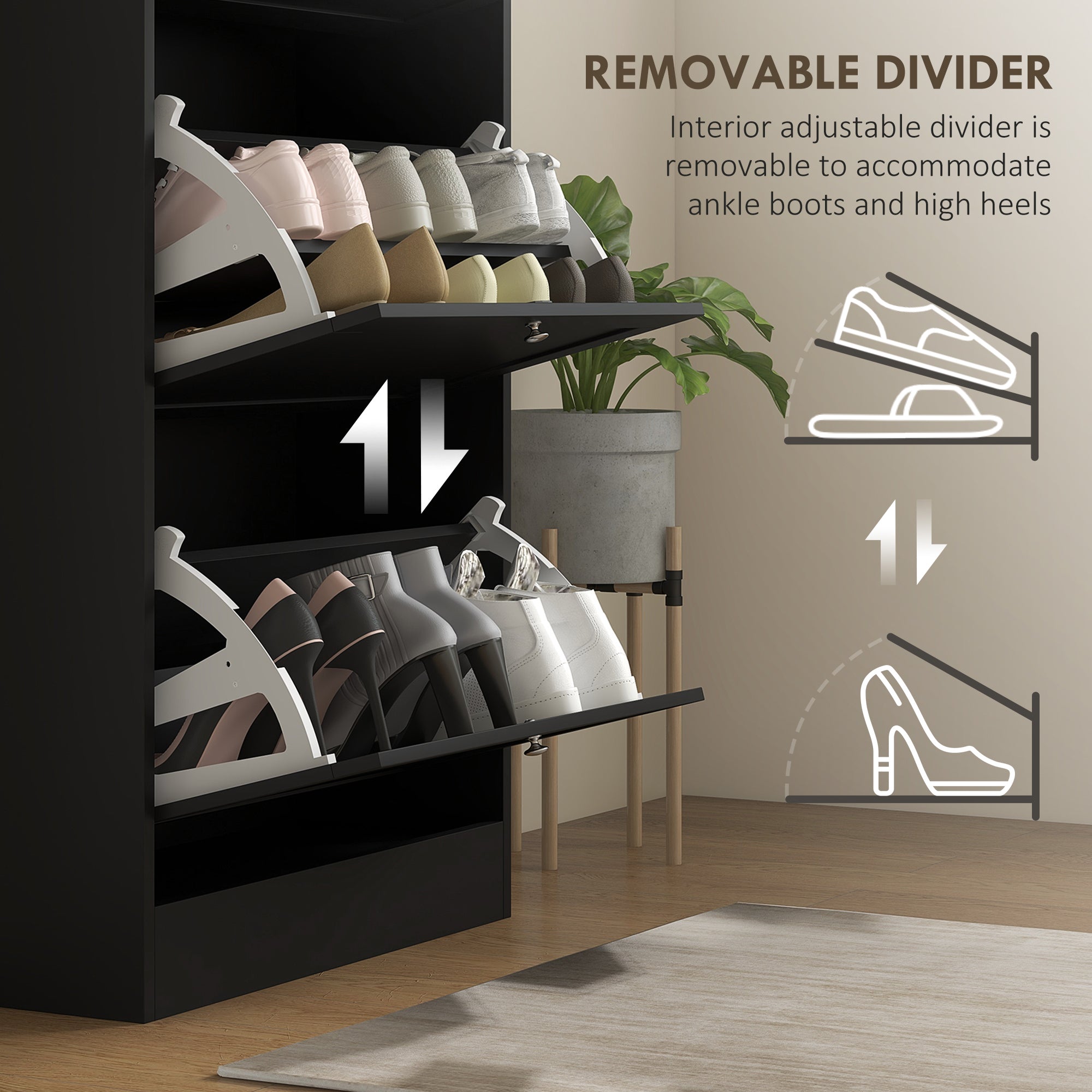 Modern Compact Three-Drawer Shoe Storage Cabinet with Adjustable Shelves - Black