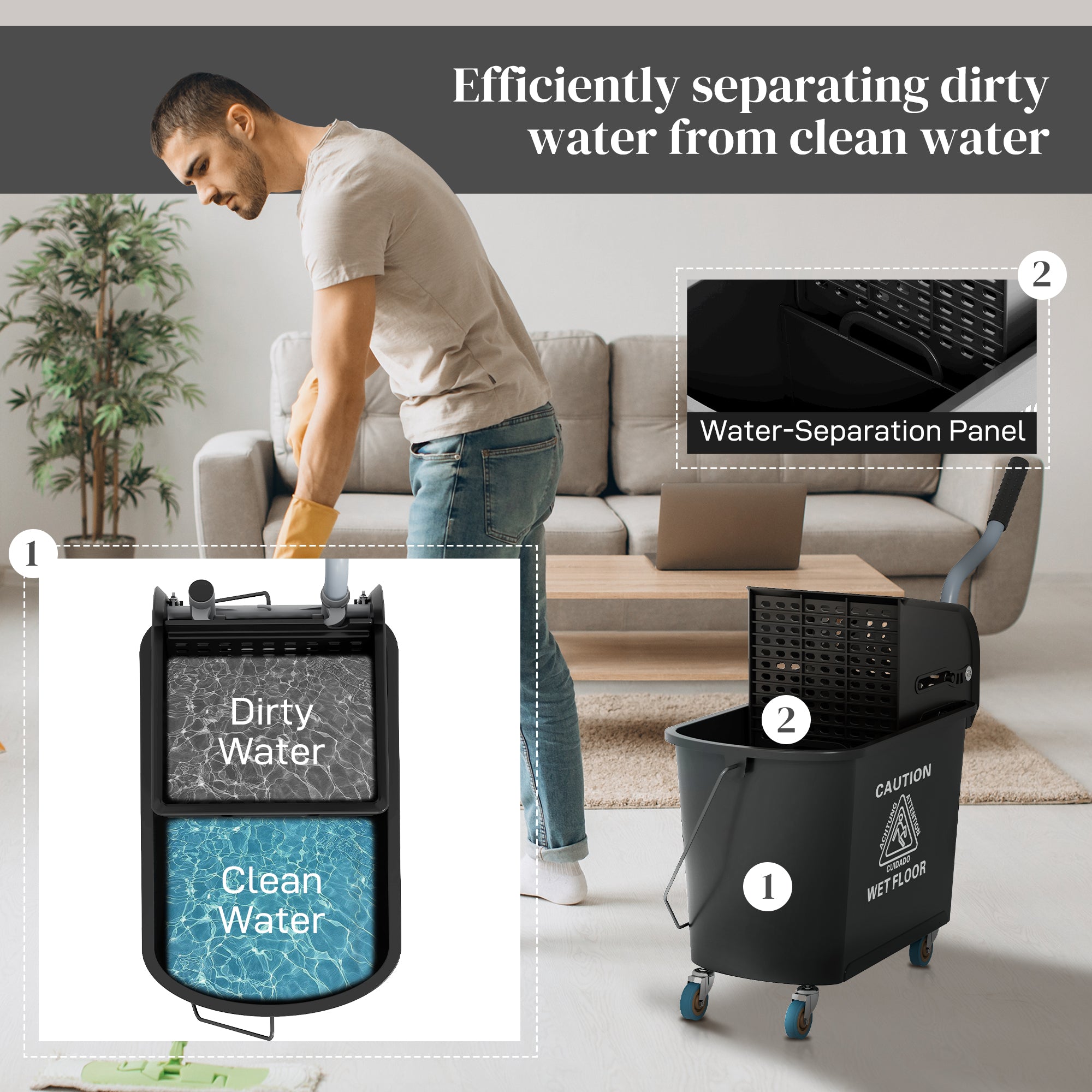20L Mop Bucket with Wringer and Water Separation Panel on Wheels - Black