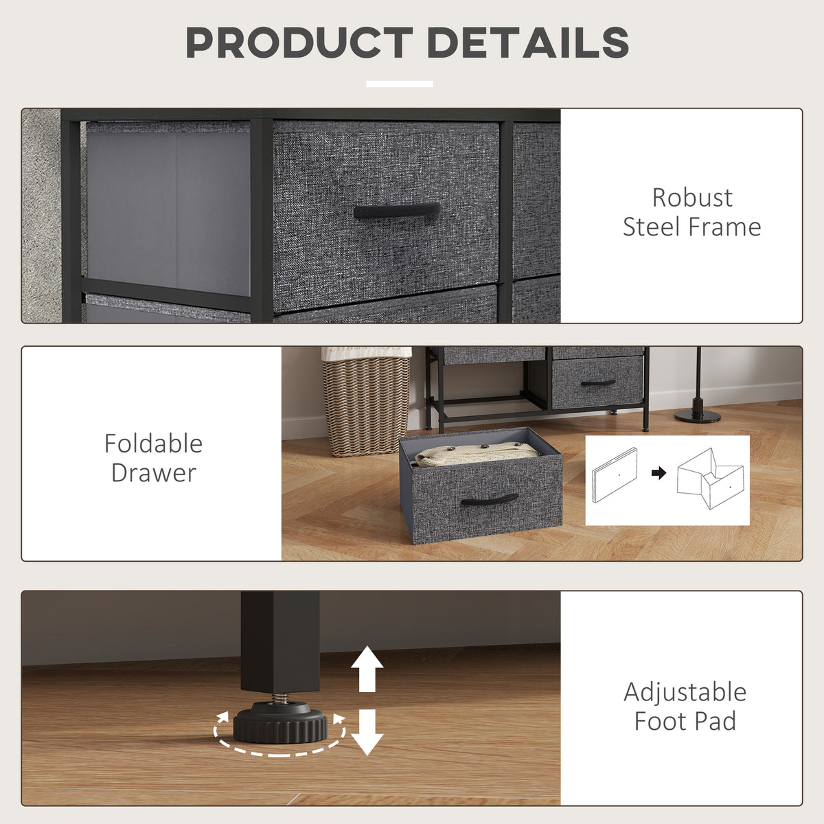 Industrial Fabric Chest of Drawers with 6 Storage Drawers, Steel Frame & Wooden Top - Black
