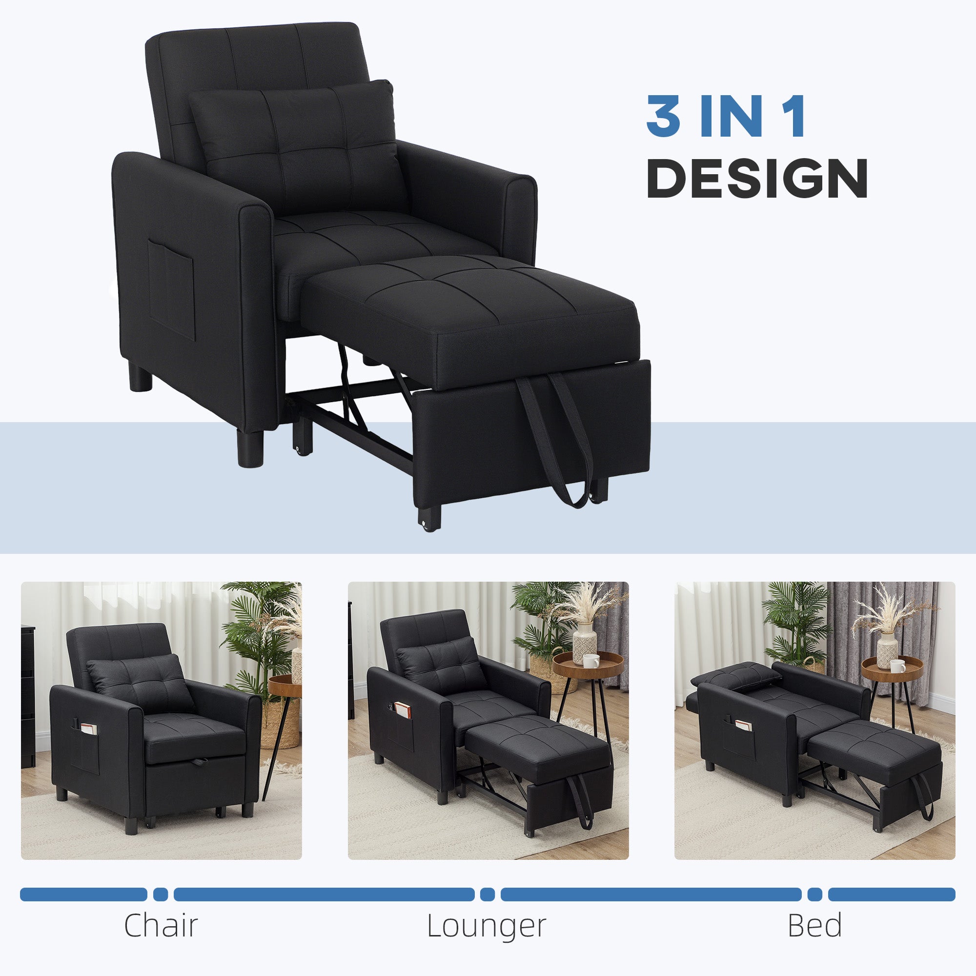 Linen-Look Single Chair Bed - Black