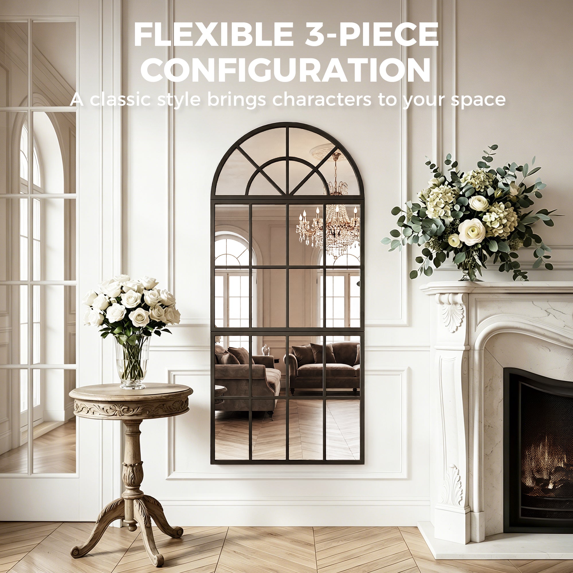 Large Arched Wall Mirror with Metal Grid, 3-Piece Split Window Mirrors, 120 x 54 cm, Black
