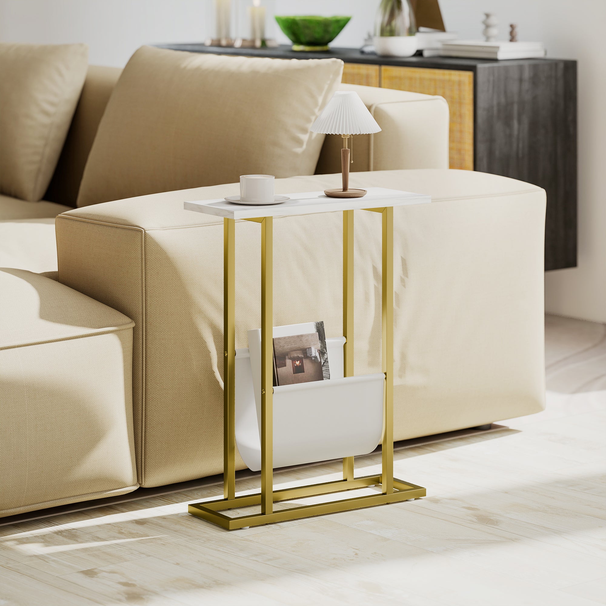 Narrow Side Table, End Table with Magazine Holder, Nightstand for Small Spaces, Living Room, Bedroom, White Marble Grain