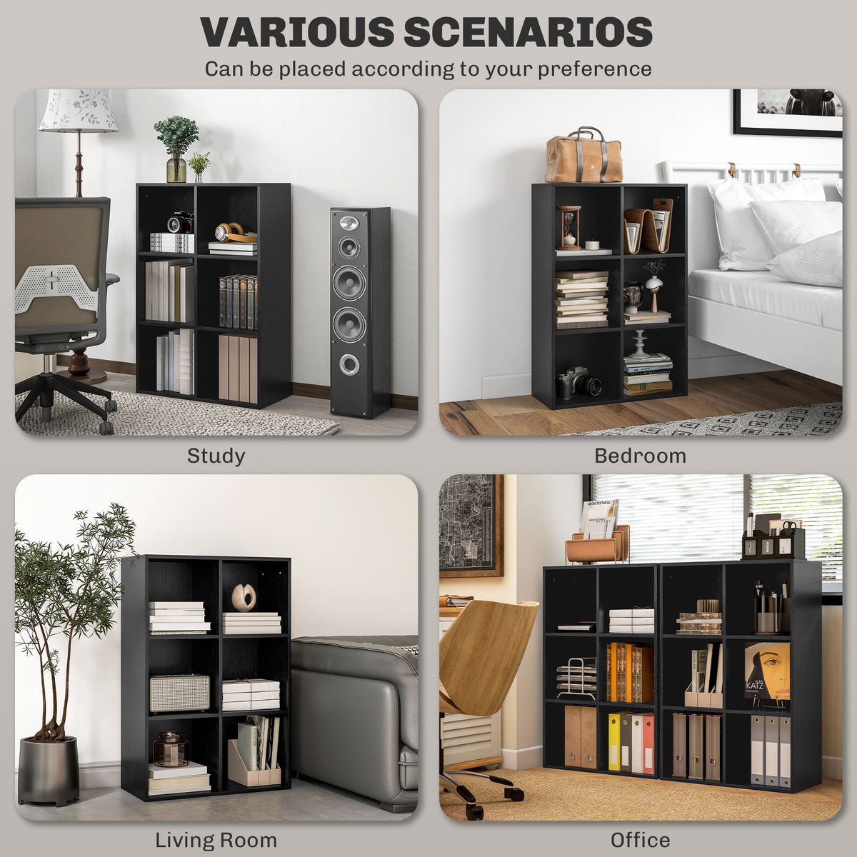 Six-Cube Bookcase Storage Unit with Black Wood Effect Finish - Black