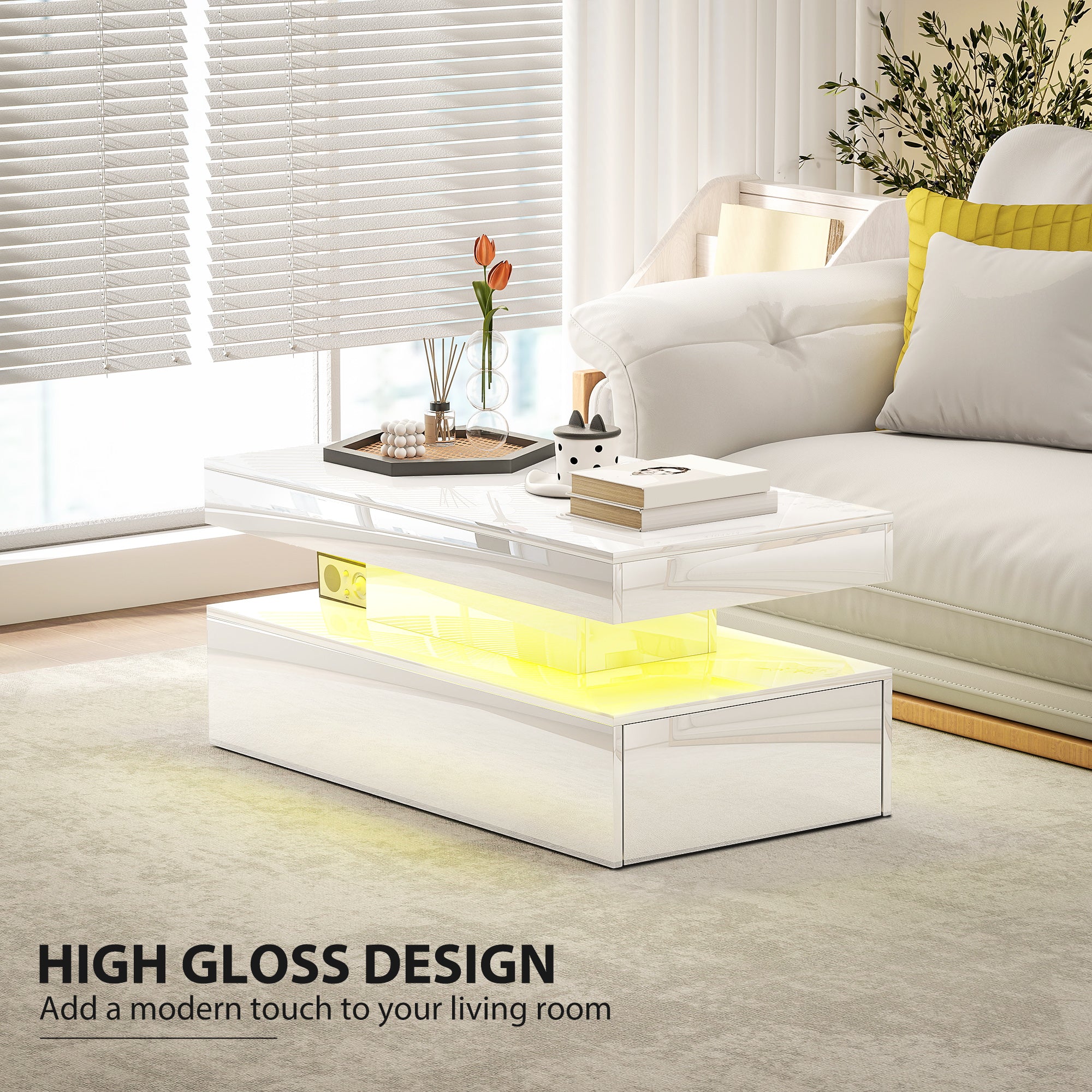 LED Coffee Table with Storage - High Gloss White