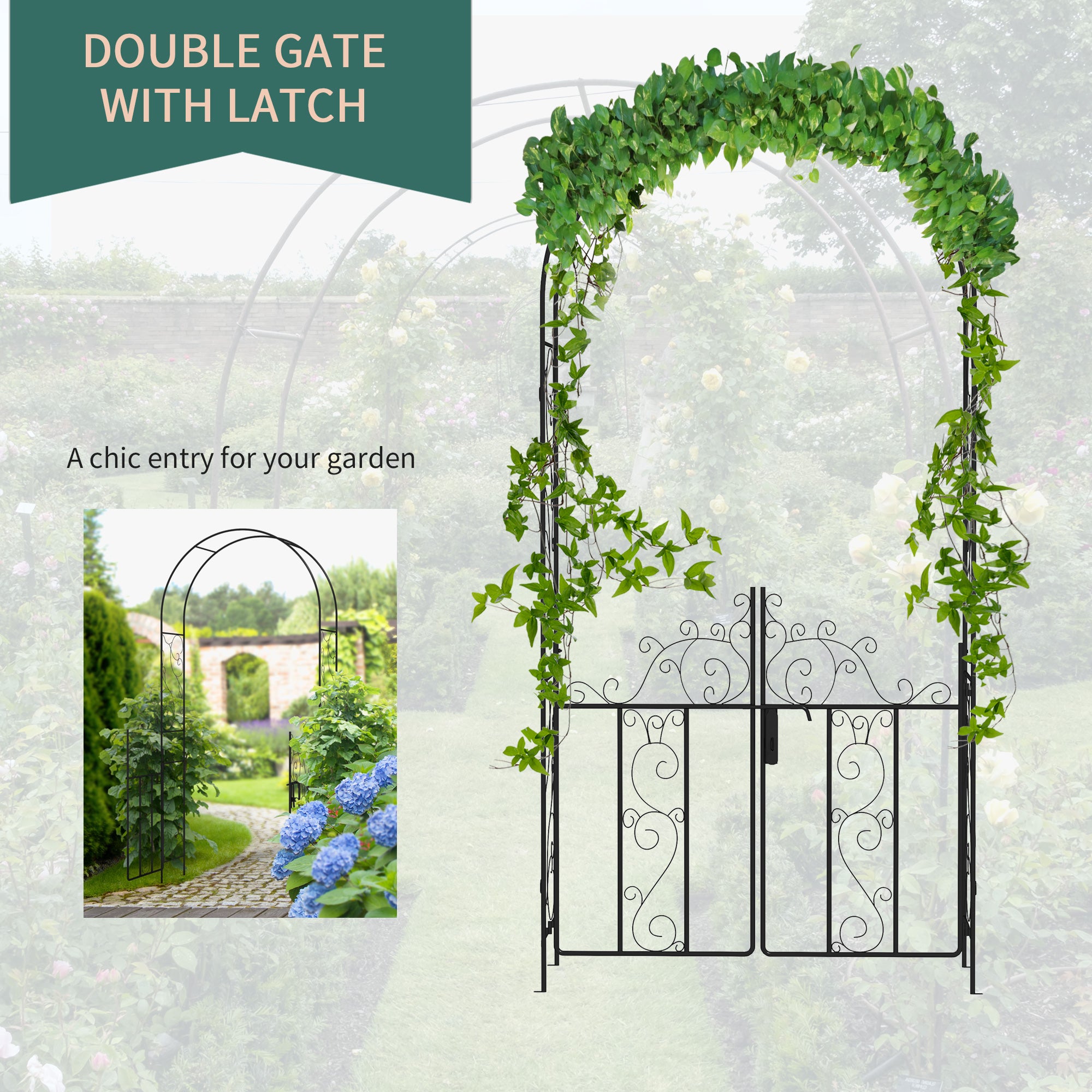 Outdoor Garden Arch with Double Gates Metal Arbor for Climbing Plants Black