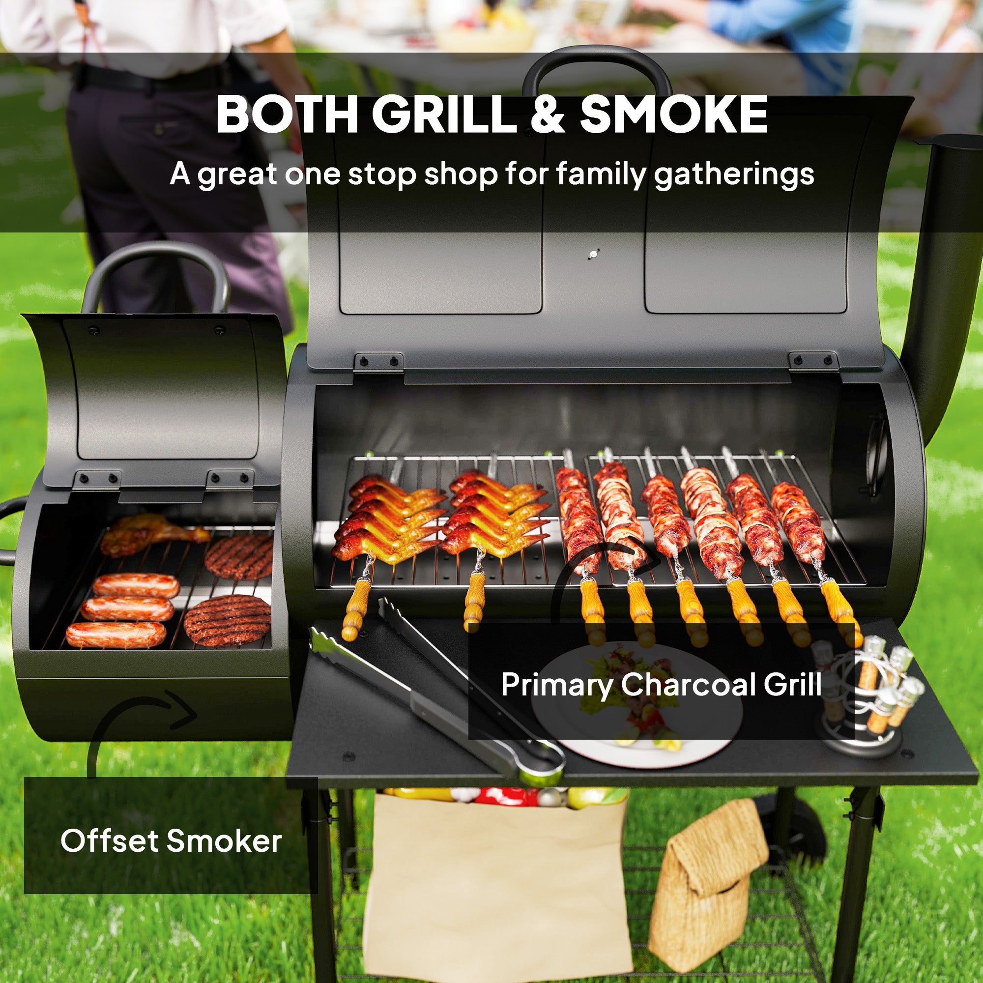 Barbecue Grill Portable Outdoor Charcoal BBQ Grill with Offset Smoker 109 x 60 x 120 cm Black