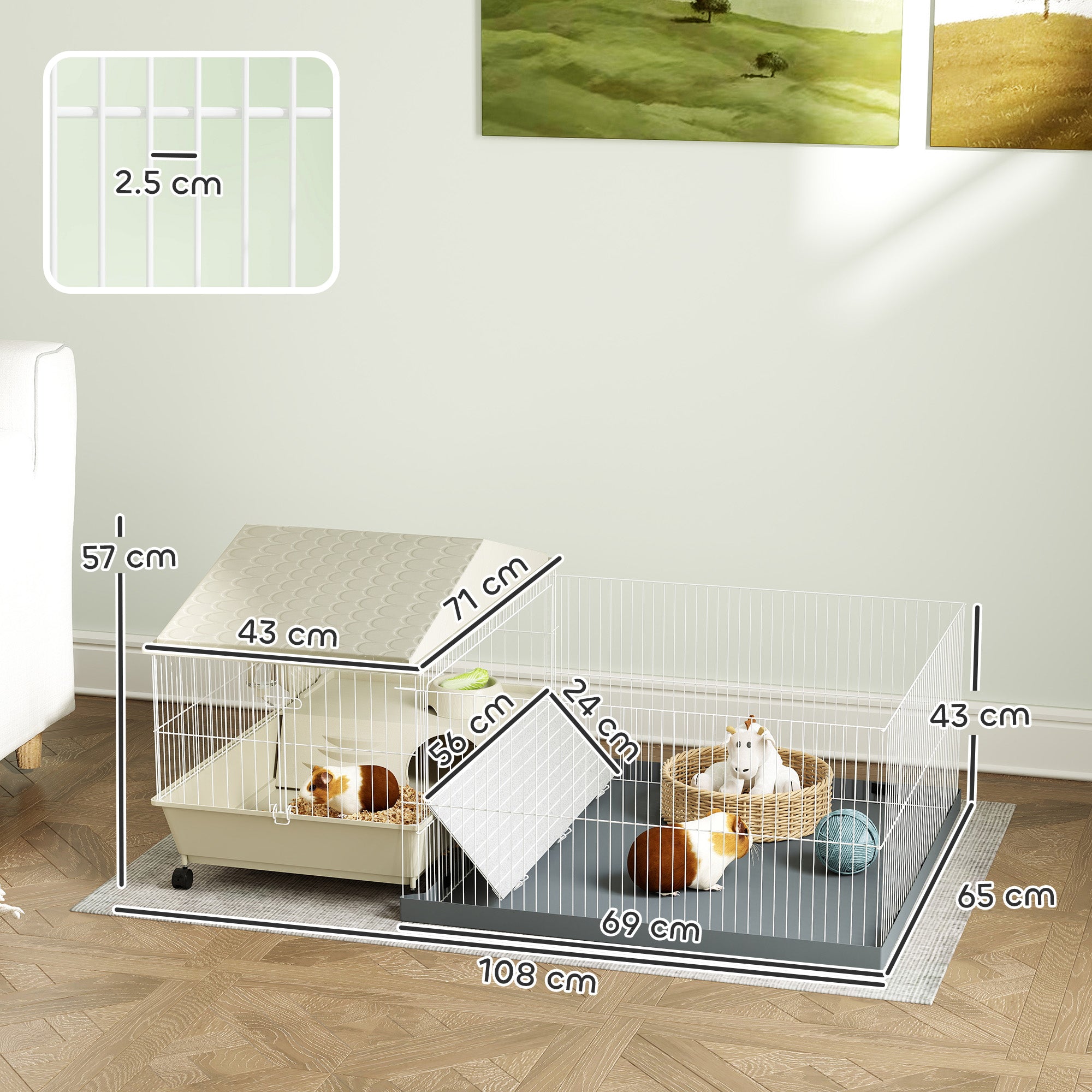 Small Animal Cage with Removable Pet Playpen, Guinea Pig Cage with Waterproof Pad, Hay Feeder, 108 x 71 x 57cm, Beige