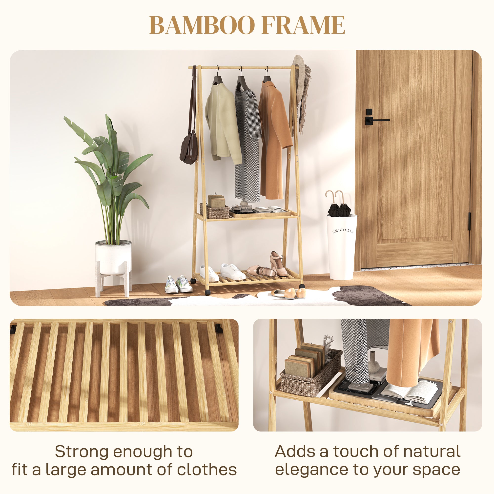 Bamboo Clothes Rack, with Shelves and Hooks - Natural Finish