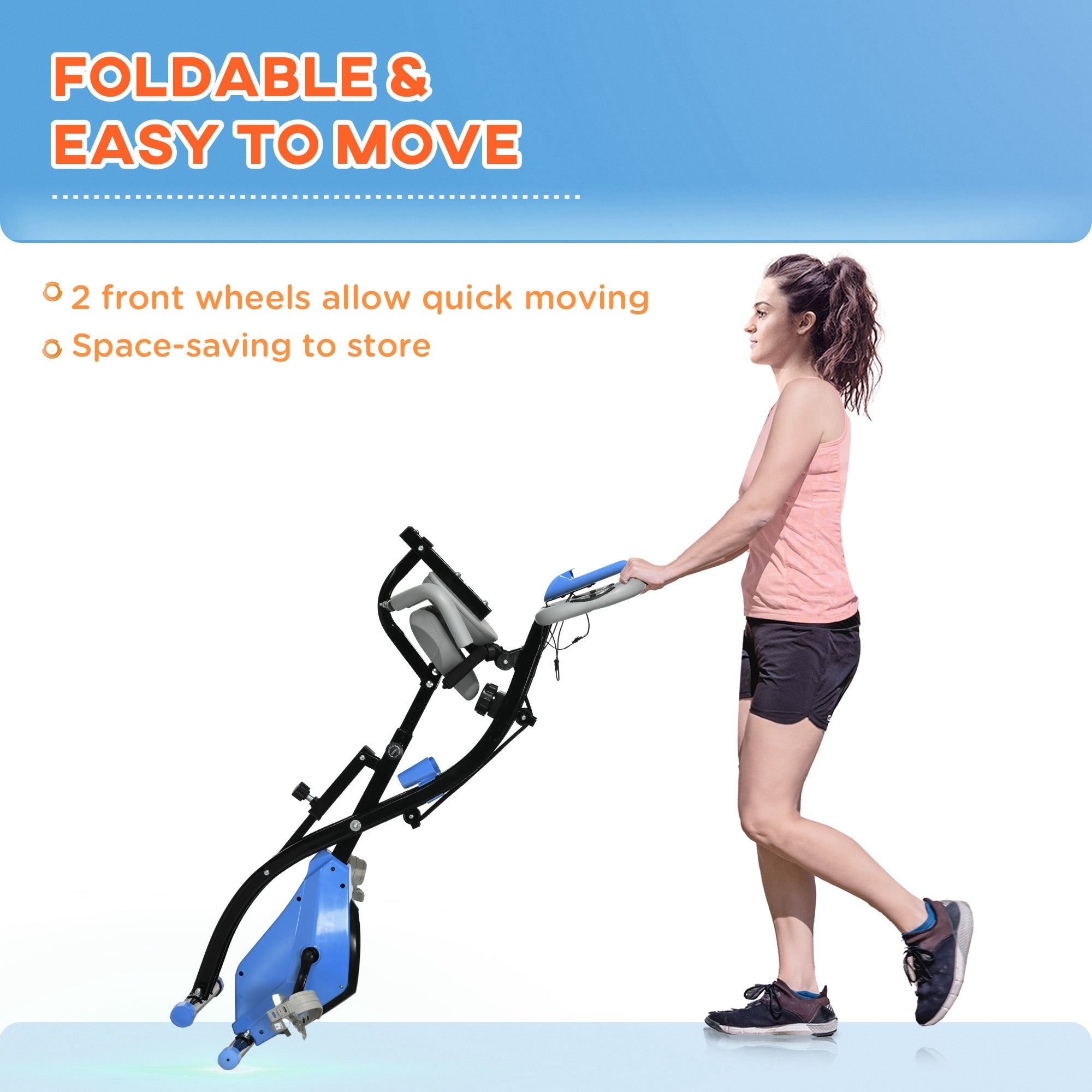 2-in-1 Folding Exercise Bike with 8-Level Magnetic Resistance, Arm Resistance Band, Pulse Sensor, Blue