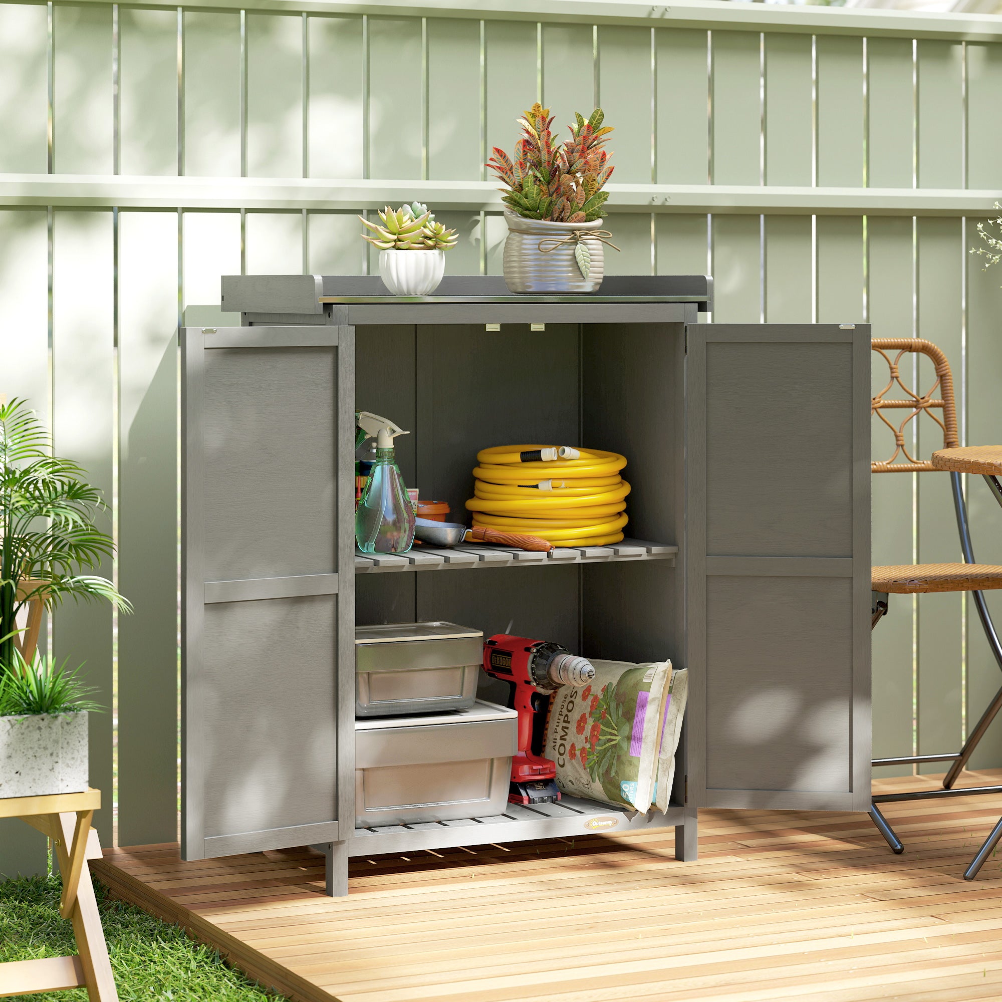 Wooden Garden Shed, Garden Tool Storage Shed with Shelf and Side Hooks, 71.5 x 39 x 95 cm, Grey