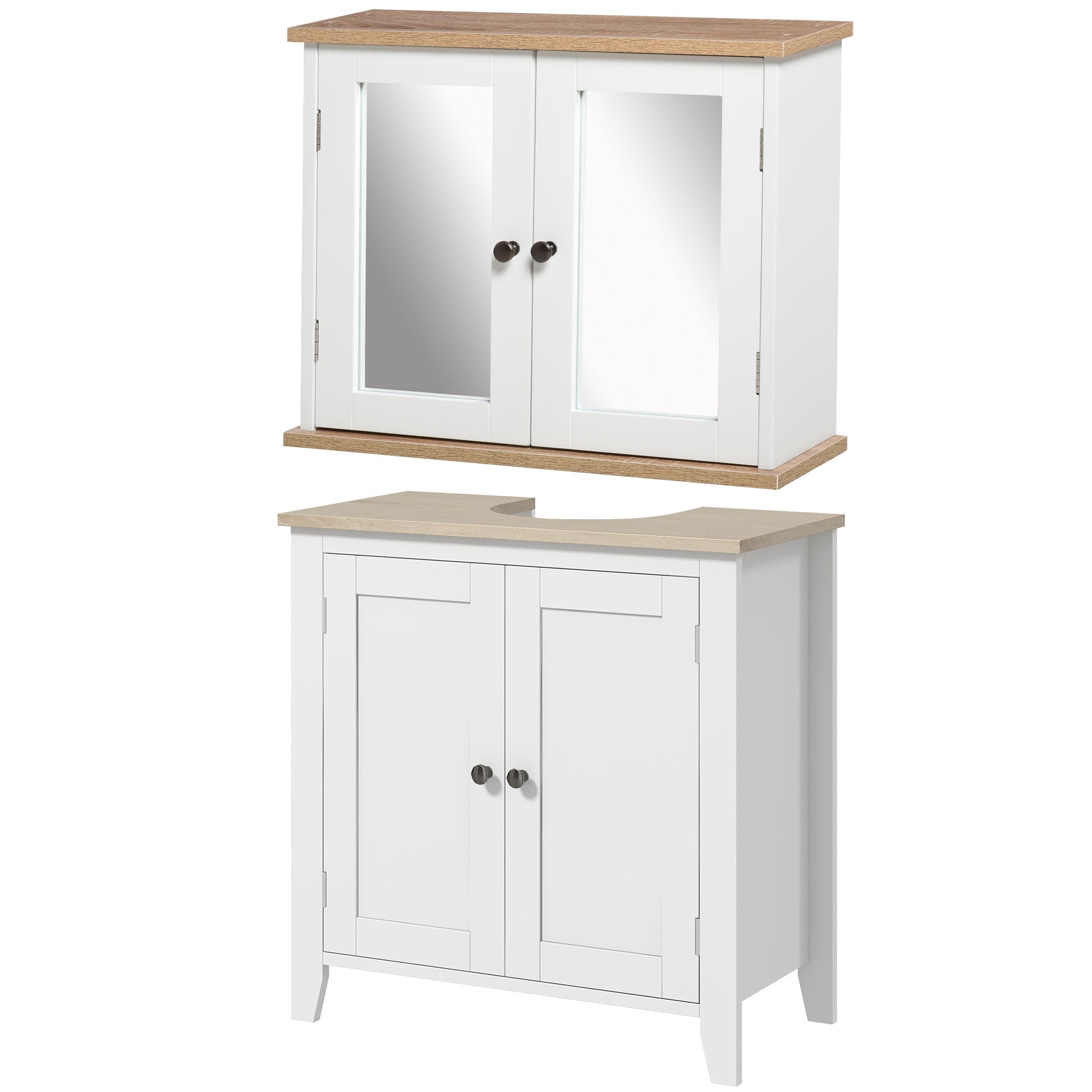 Bathroom Furniture Set, Mirror Cabinet Wall Mounted with Adjustable Shelf, Bathroom Sink Cabinet with Storage, White and Wood Grain