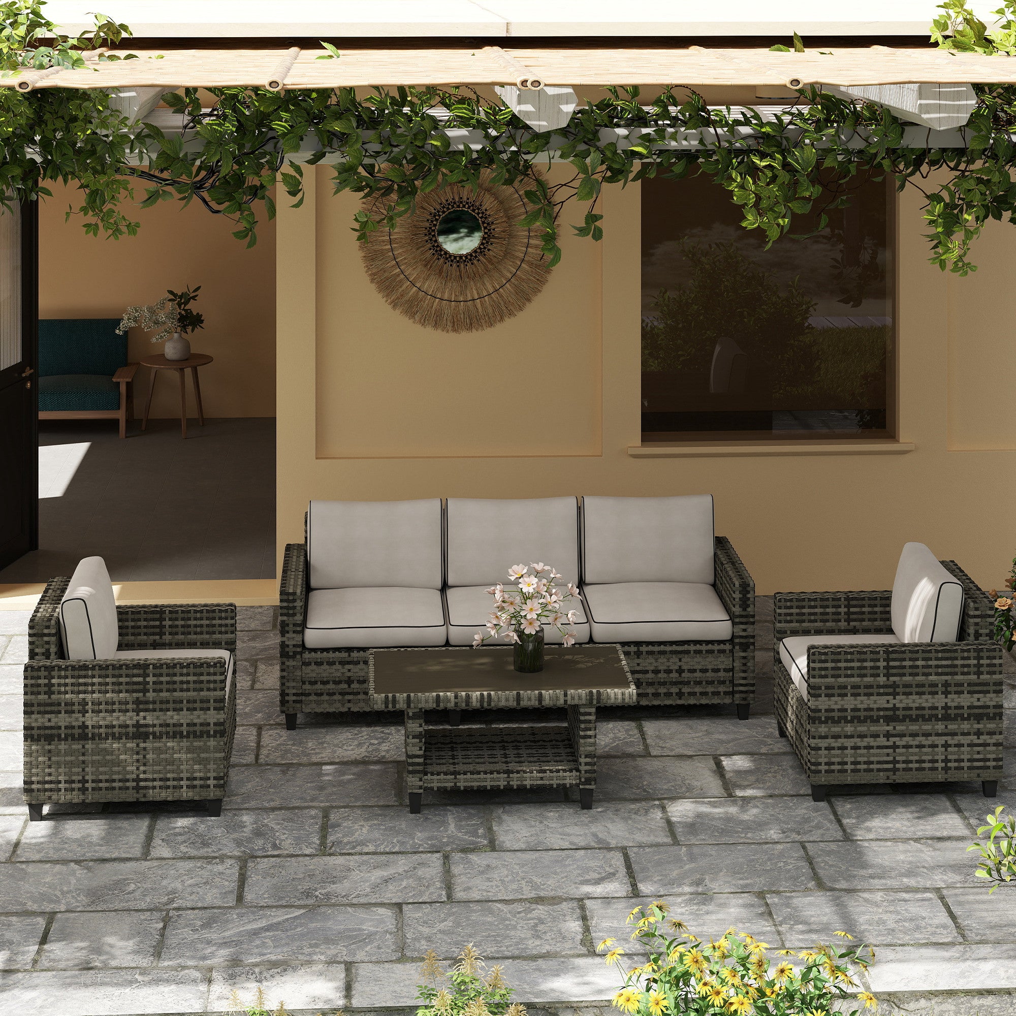 6 Piece Rattan Garden Furniture Set with Cushions - Light Grey