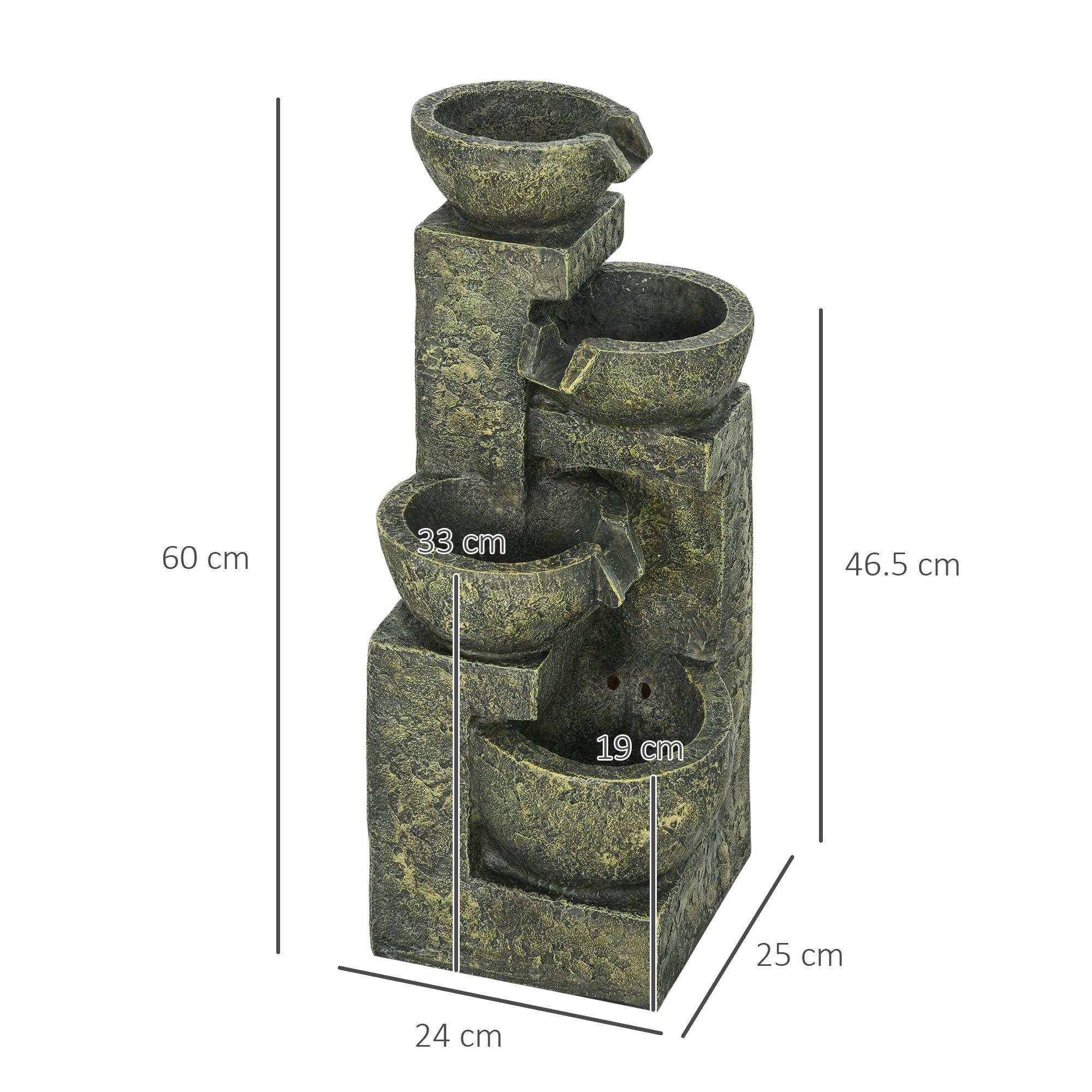 Garden Water Feature Waterfall Fountain with 4-Tier Stone Look Bowls, Adjustable Flow, Black and Yellow