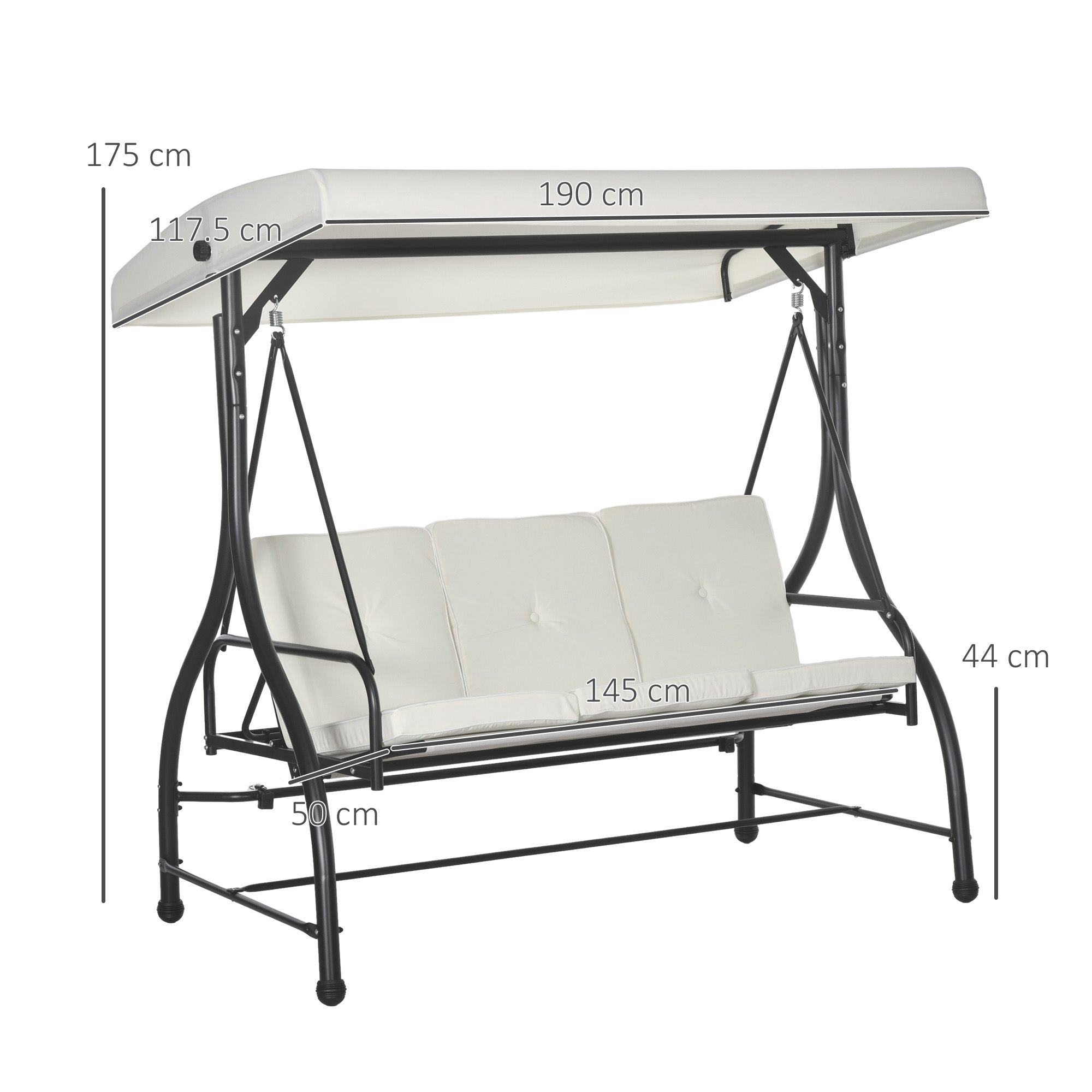3 Seater Canopy Swing Chair, 2 in 1 Garden Swing Seat Bed, with Adjustable Canopy and Metal Frame, Cream White