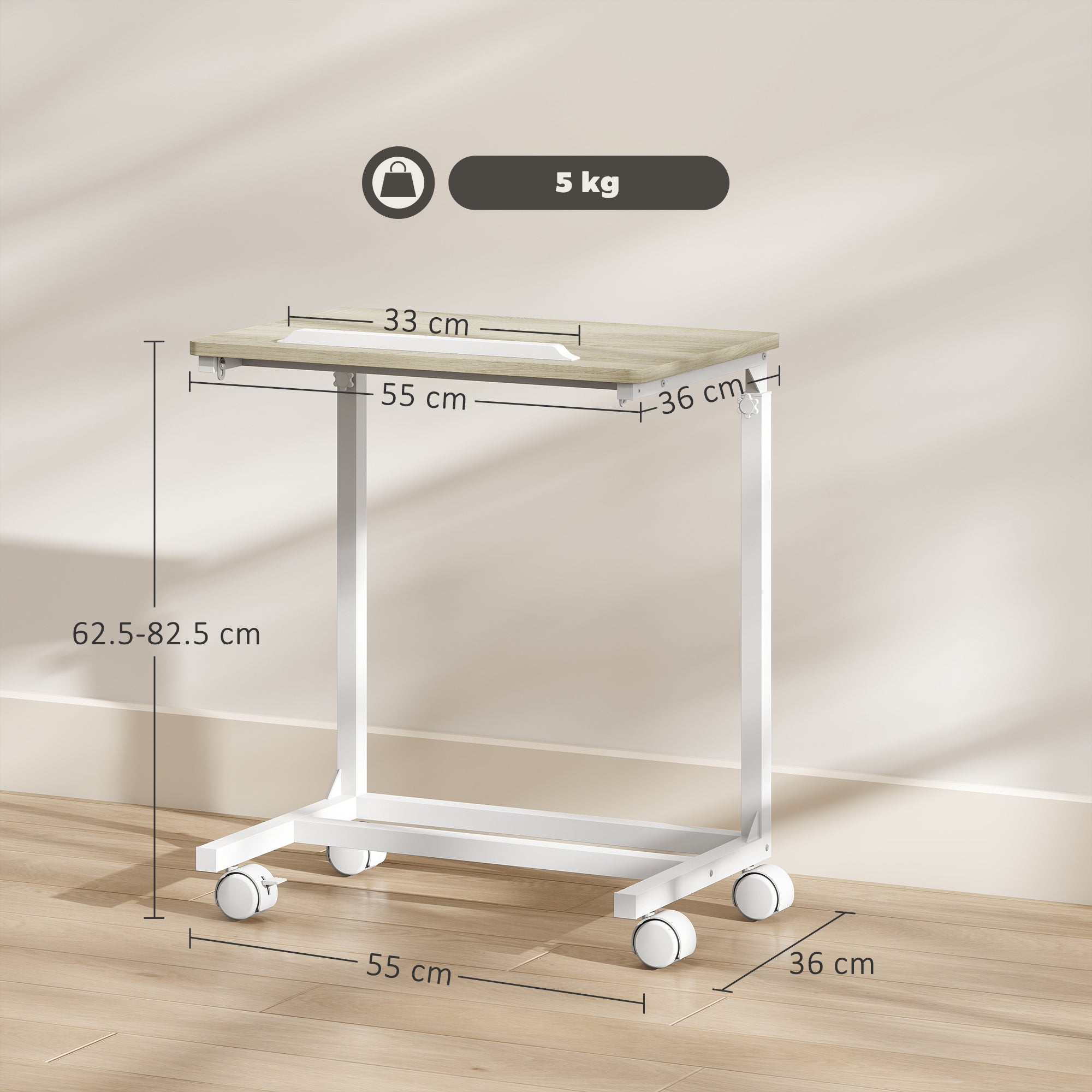 C-Shaped Sofa Side Table, Height Adjustable Overbed Table with Tilting Desktop, Mobile Laptop Desk for Living Room Bedroom, Oak and White