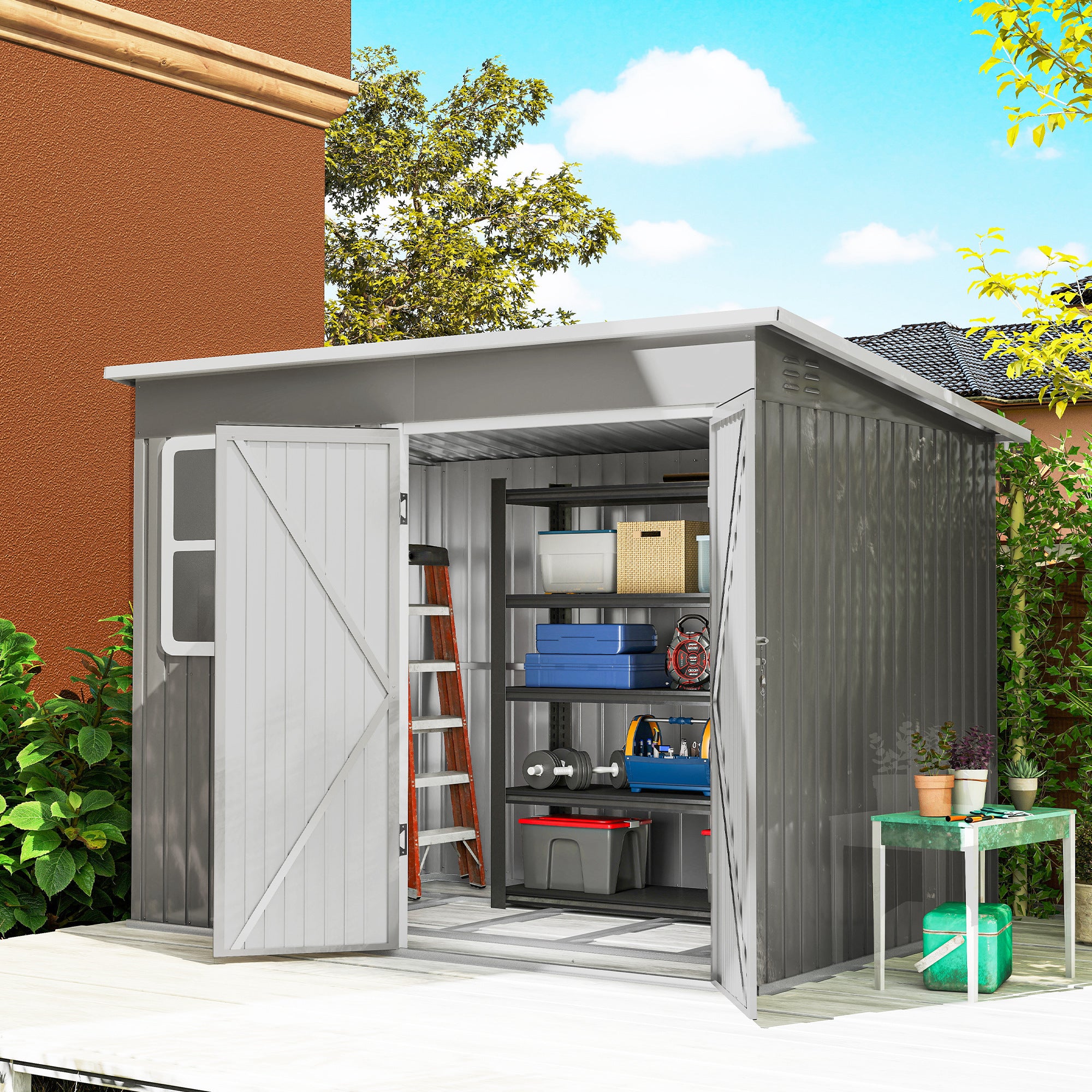 8.5 x 6ft Storage Shed Galvanised Steel Garden Shed, Metal Shed with Foundation Kit, Window, Lockable Wide Doors and Air Vents for Outdoor Patio, Light Grey