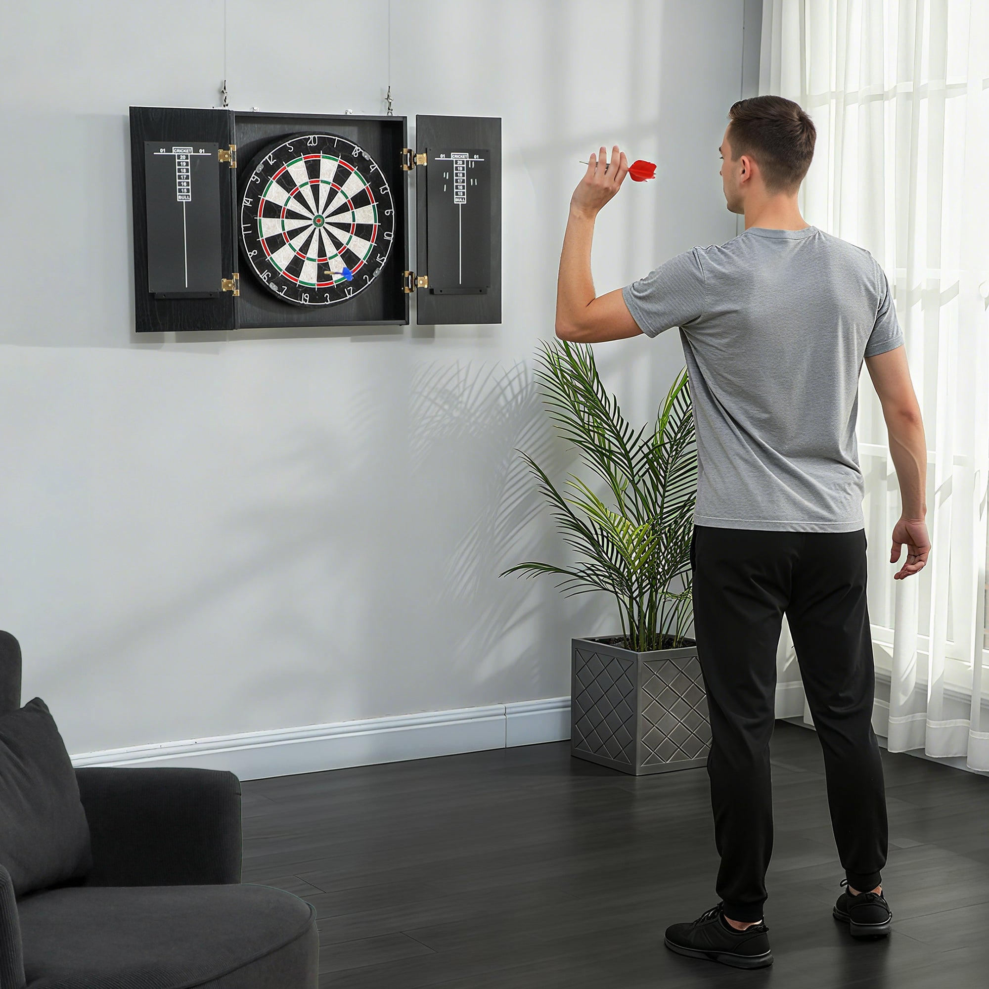 Bristle Dartboard with Cabinet, 6 Steel Tip Darts, Cabinet