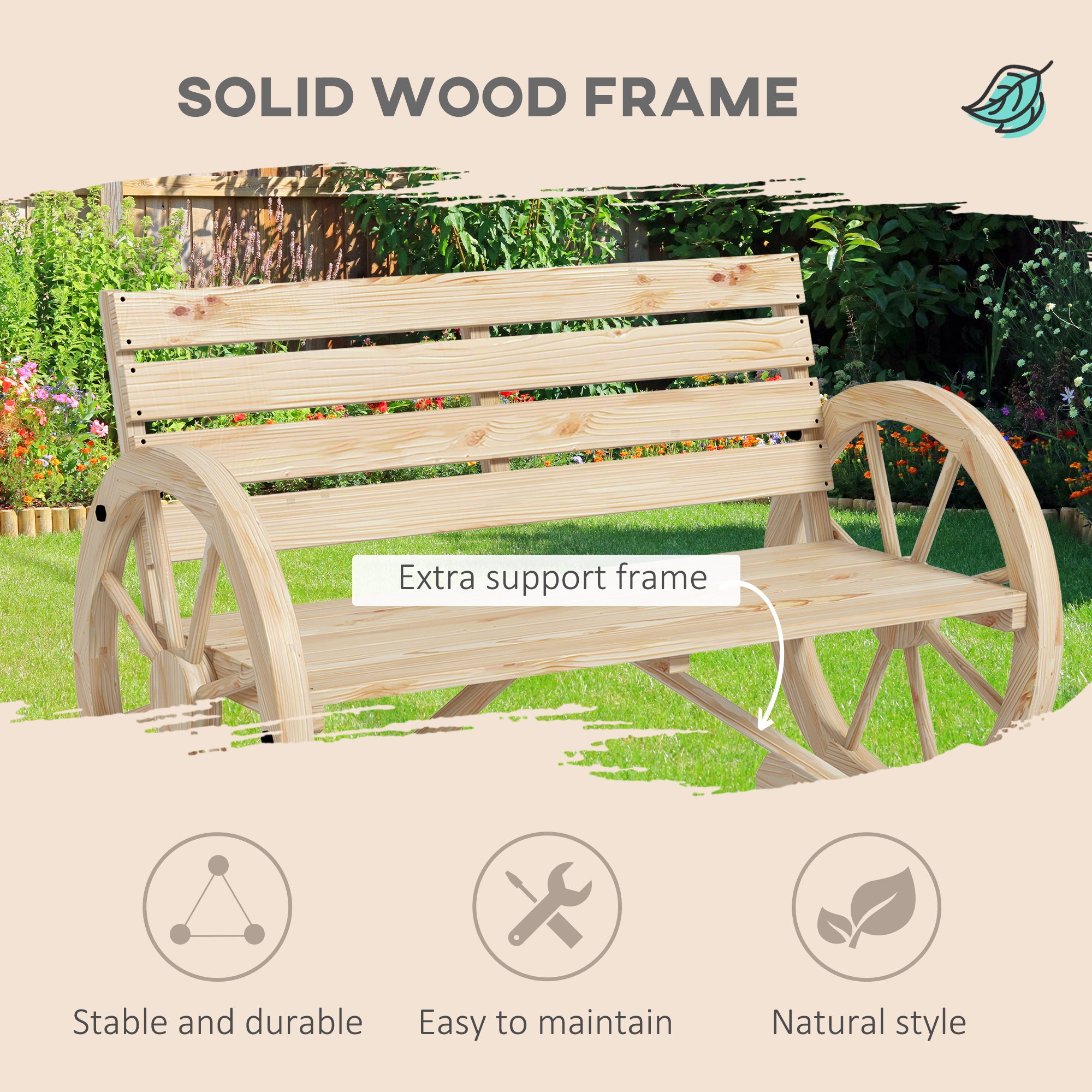 Wagon Wheel Chair Bench Armrest Rustic Loveseat Wood Outdoor Garden, Natural