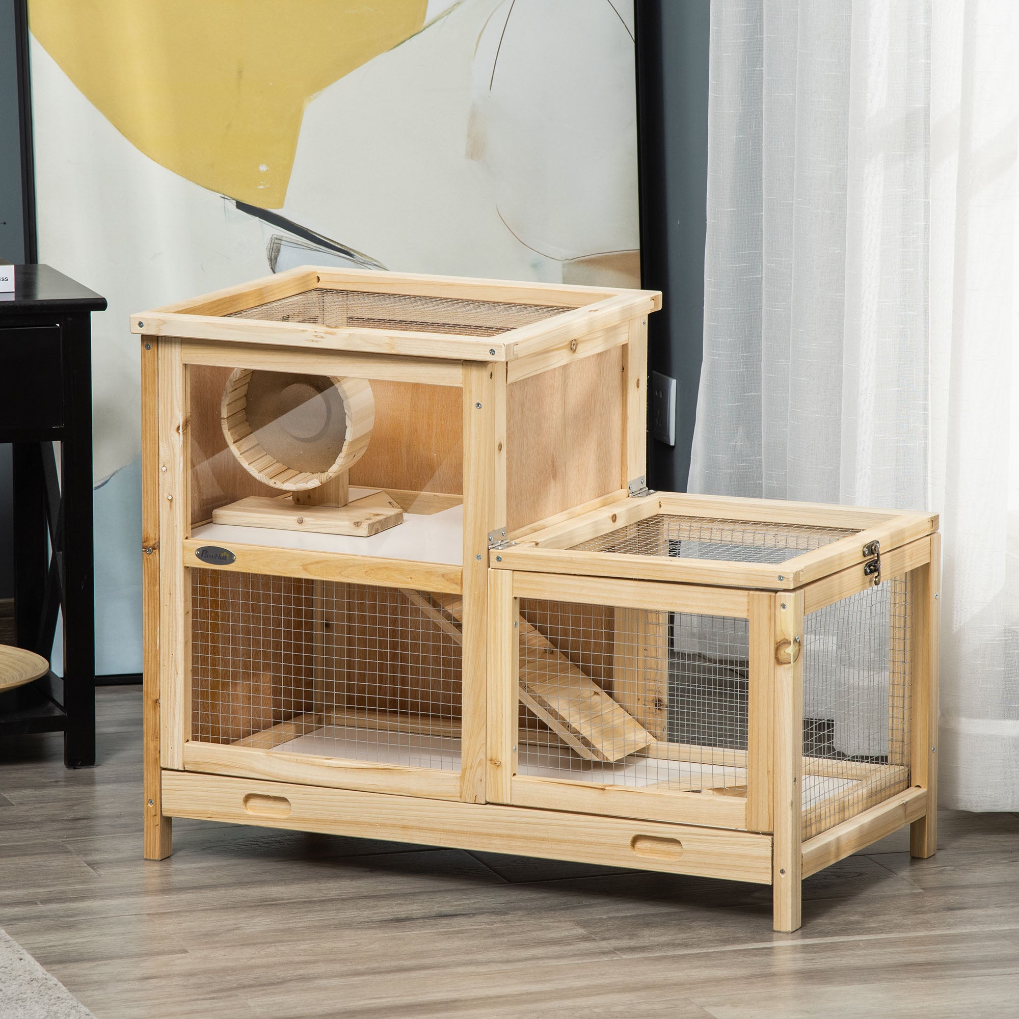 Wooden Hamster Cage with Sliding Tray, 2 Tiers Gerbil Cage Mice Rodent Small Animal Hutch with Run Area, Openable Roofs, Ramp, Seesaw, Running Wheel, 78 x 41.5 x 60 - Natural