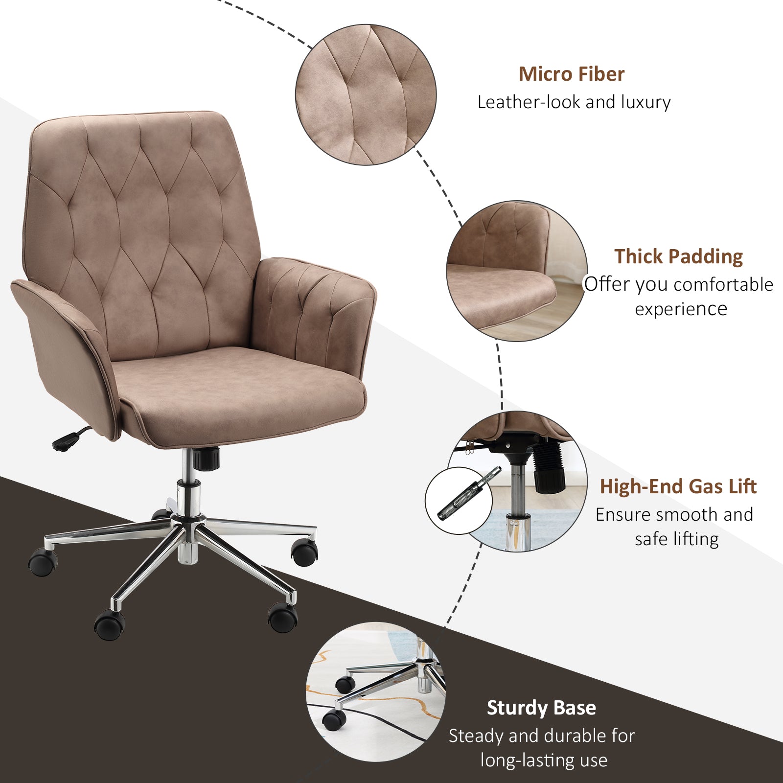 Office Desk Chair, Microfibre Vanity Chair with Adjustable Height, Armrest, Swivel Chair for Home, Coffee