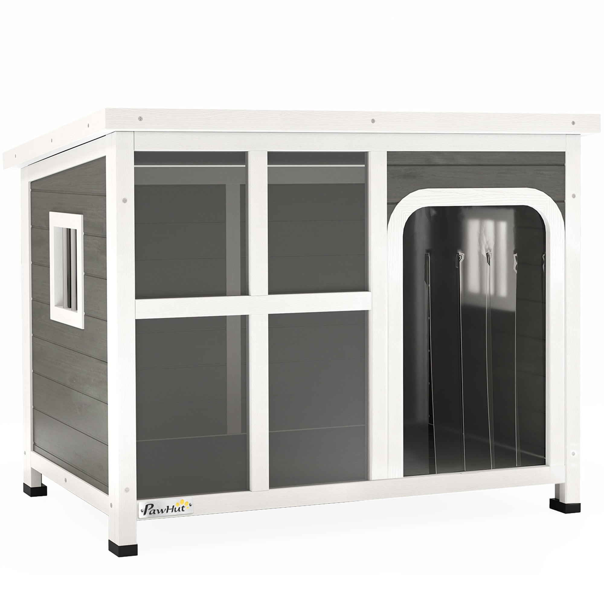 Wooden Dog House Outdoor with Asphalt Openable Top, Removable Floor, Clear Front Panel, Curtain, 90 x 62 x 71cm