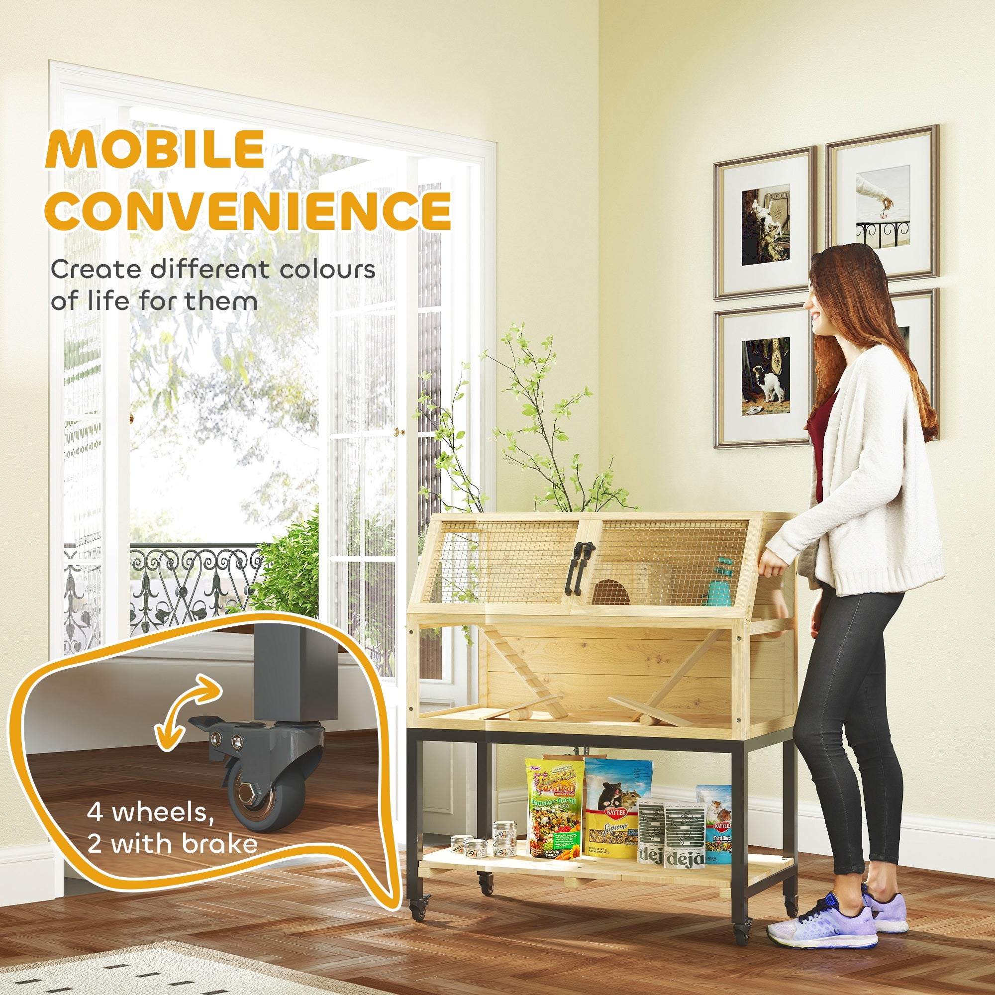 Wooden Hamster Cage with Storage Shelf, Wheels, Ramps, Water Bottle, Hut, Seesaws