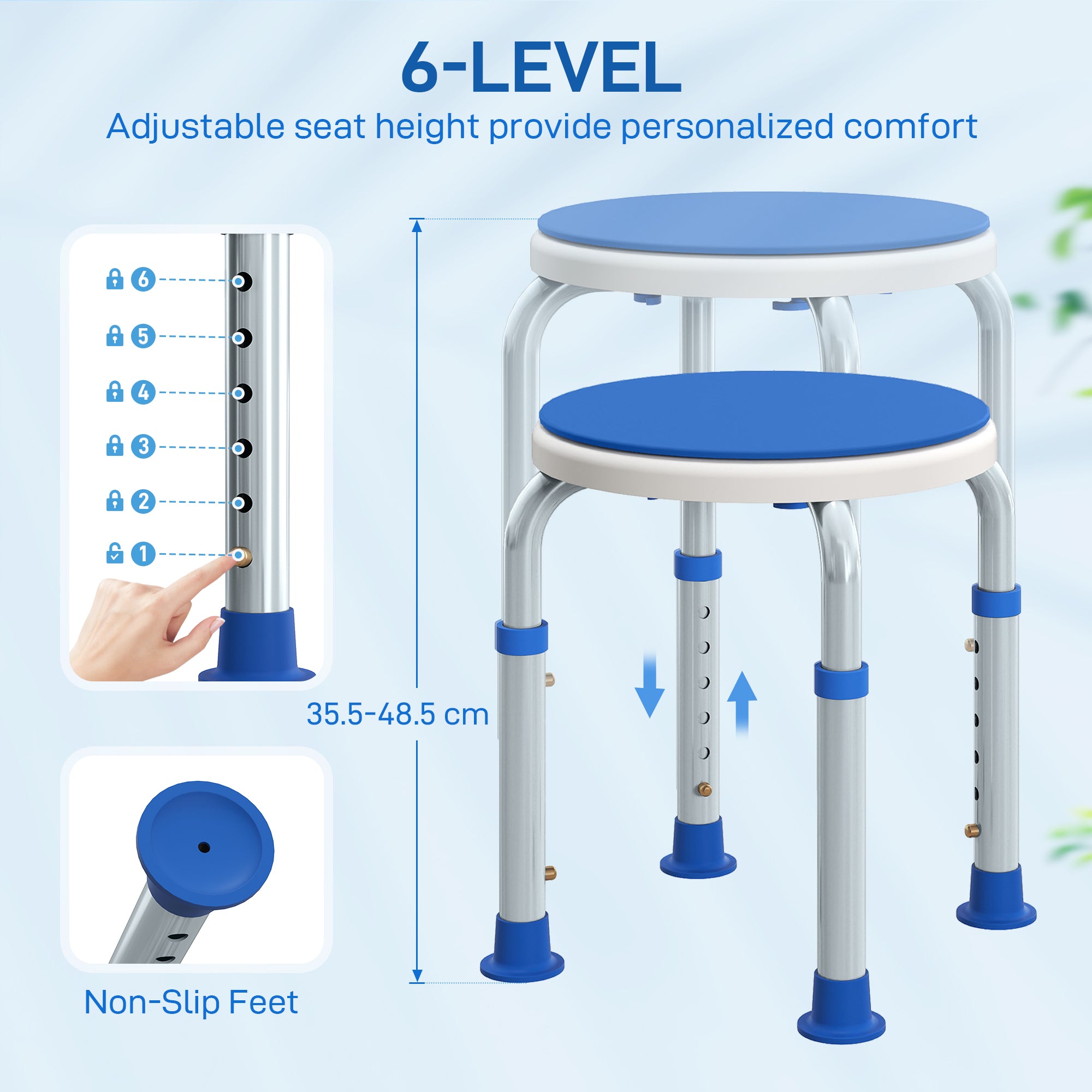360° Swivel Shower Chair, Height Adjustable Aluminium Shower Stool with Non-Slip Feet for Disabled, Elderly, Blue